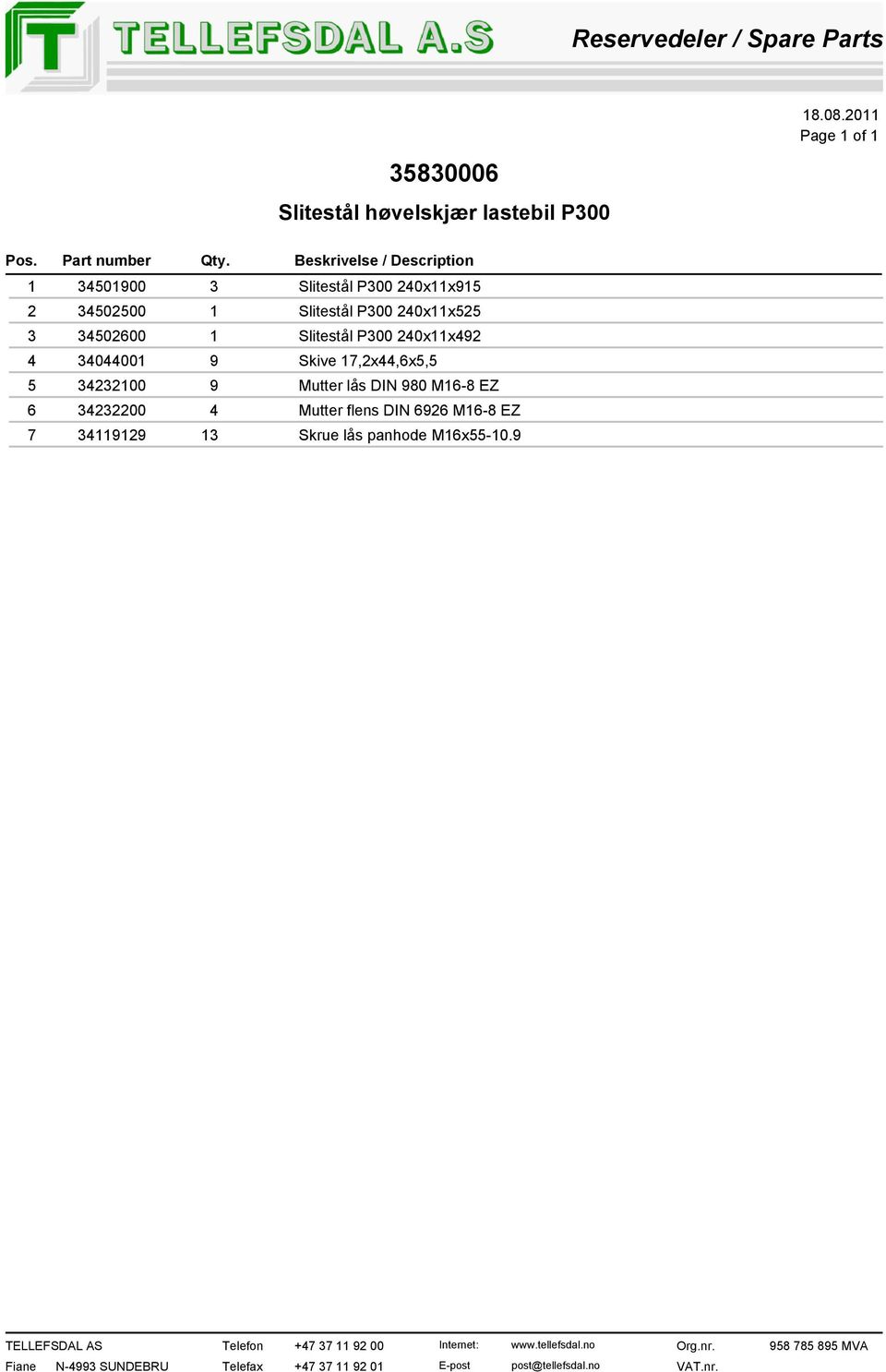 3 302600 1 Slitestål P300 20x11x92 30001 9 Skive 17,2x,6x, 3232100 9 Mutter lås DIN 980 M16-8 EZ 6 3232200 Mutter flens DIN 6926 M16-8 EZ