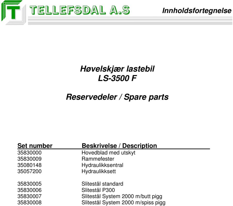 308018 Hydraulikksentral 307200 Hydraulikksett 383000 Slitestål standard 3830006