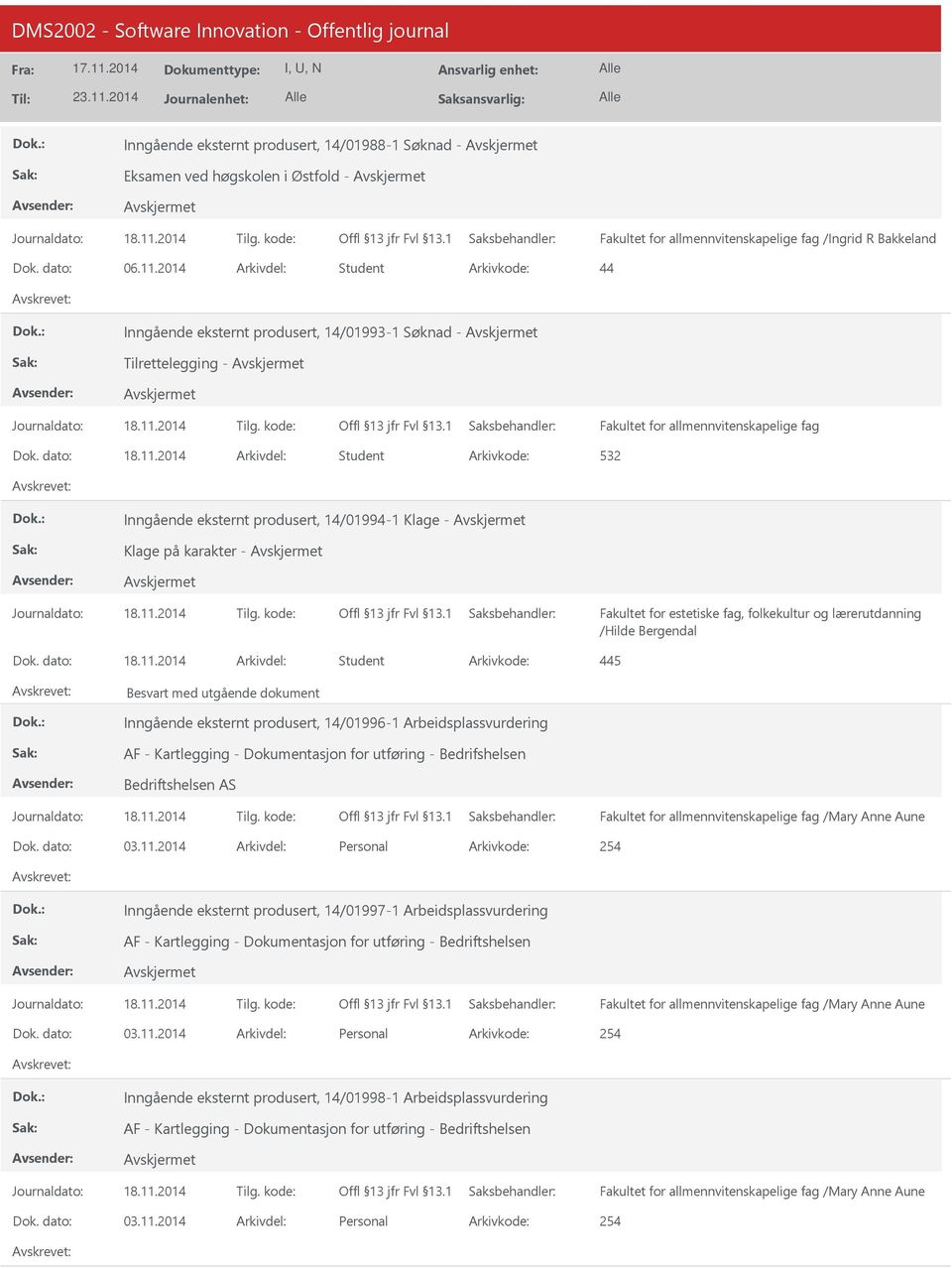 2014 Arkivdel: Student Inngående eksternt produsert, 14/01994-1 Klage - Klage på karakter - /Hilde Bergendal Dok. dato: 18.11.