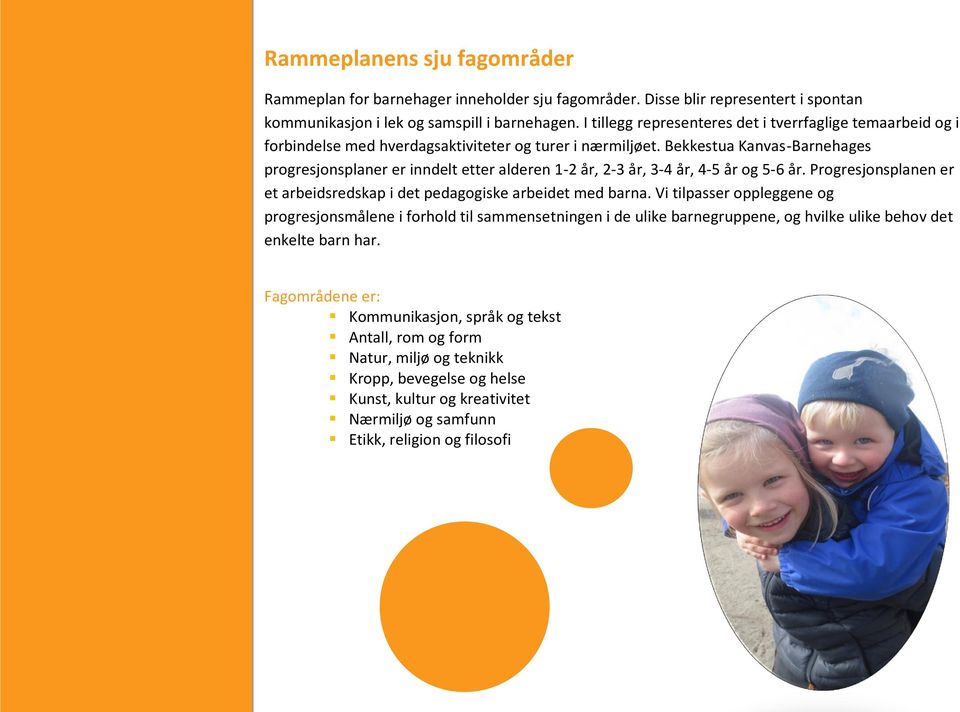 Bekkestua Kanvas-Barnehages progresjonsplaner er inndelt etter alderen 1-2 år, 2-3 år, 3-4 år, 4-5 år og 5-6 år. Progresjonsplanen er et arbeidsredskap i det pedagogiske arbeidet med barna.