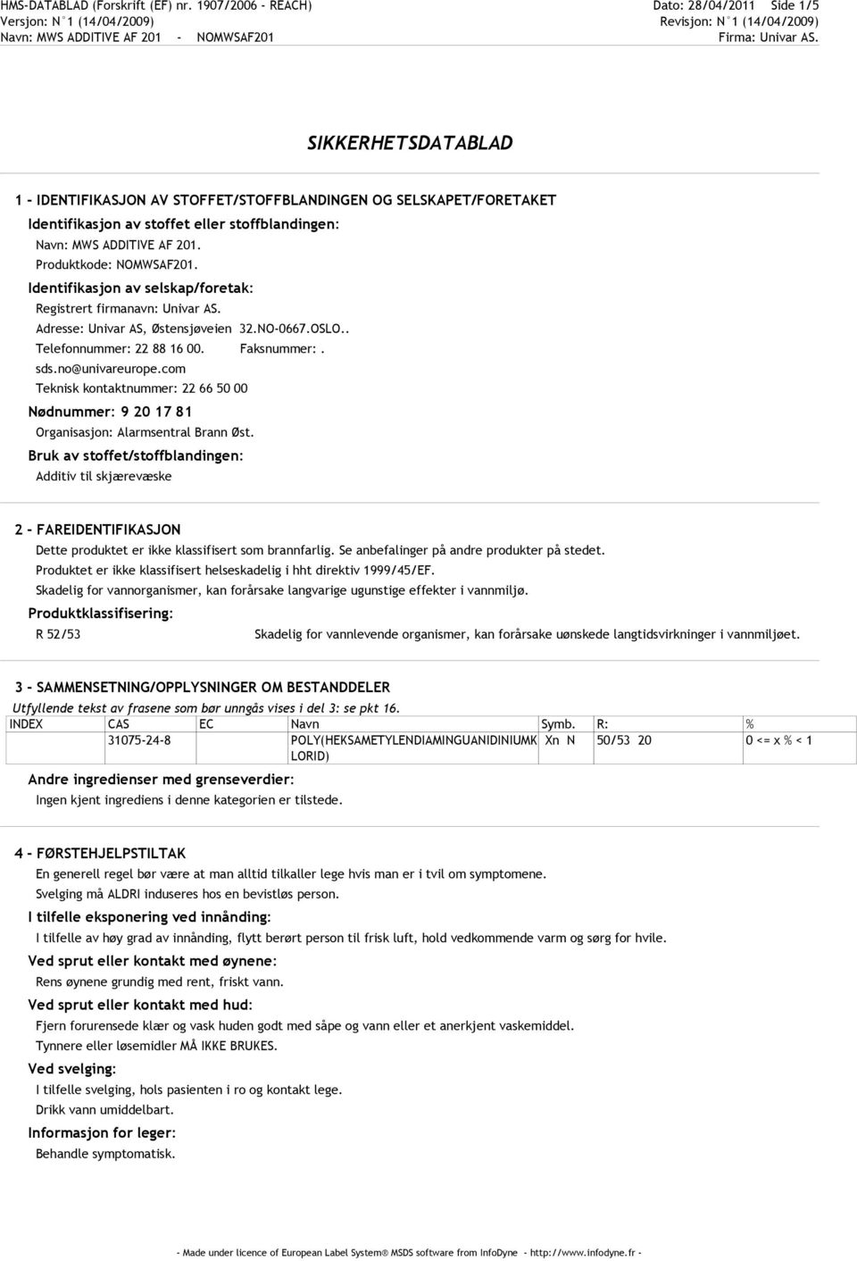 ADDITIVE AF 201. Produktkode: NOMWSAF201. Identifikasjon av selskap/foretak: Registrert firmanavn: Univar AS. Adresse: Univar AS, Østensjøveien 32.NO-0667.OSLO.. Telefonnummer: 22 88 16 00.