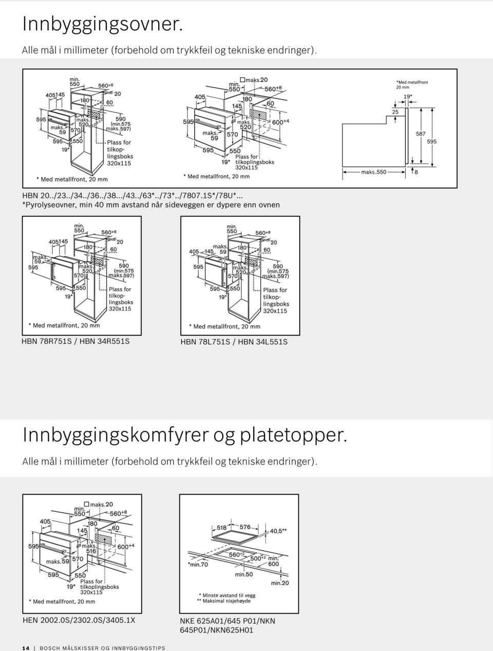 .. *Pyrolyseovner, min 40 mm avstand når sideveggen er dypere enn ovnen HBN 78R751S / HBN 34R551S HBN 78L751S / HBN