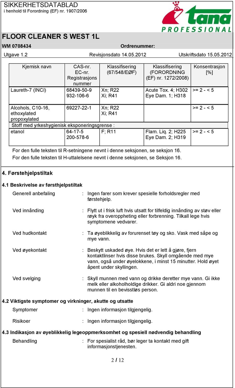 1; H318 Konsentrasjon [%] >= 2 - < 5 Alcohols, C10-16, ethoxylated propoxylated 69227-22-1 Xn; R22 Xi; R41 Stoff med yrkeshygienisk eksponeringsgrense : etanol 64-17-5 200-578-6 F; R11 Flam. Liq.