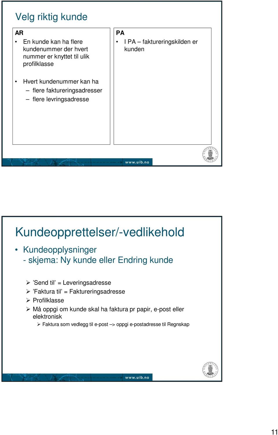 Kundeopprettelser/-vedlikehold Kundeopplysninger - skjema: Ny kunde eller Endring kunde Send til = Leveringsadresse Faktura til