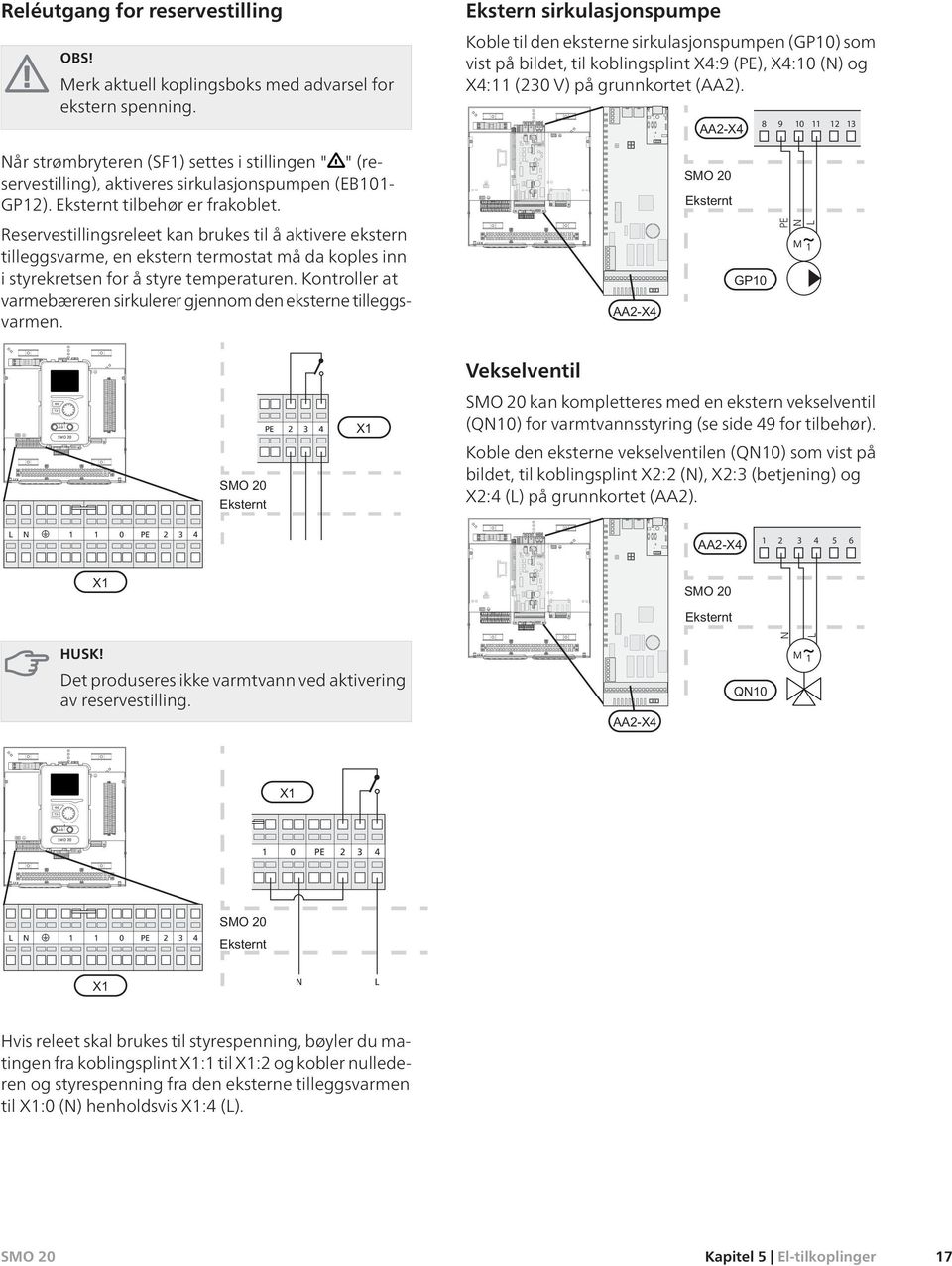 8 9 10 11 12 13 Når strømbryteren (SF1) settes i stillingen " "(reservestilling), aktiveres sirkulasjonspumpen (EB101- GP12). Eksternt tilbehør er frakoblet.