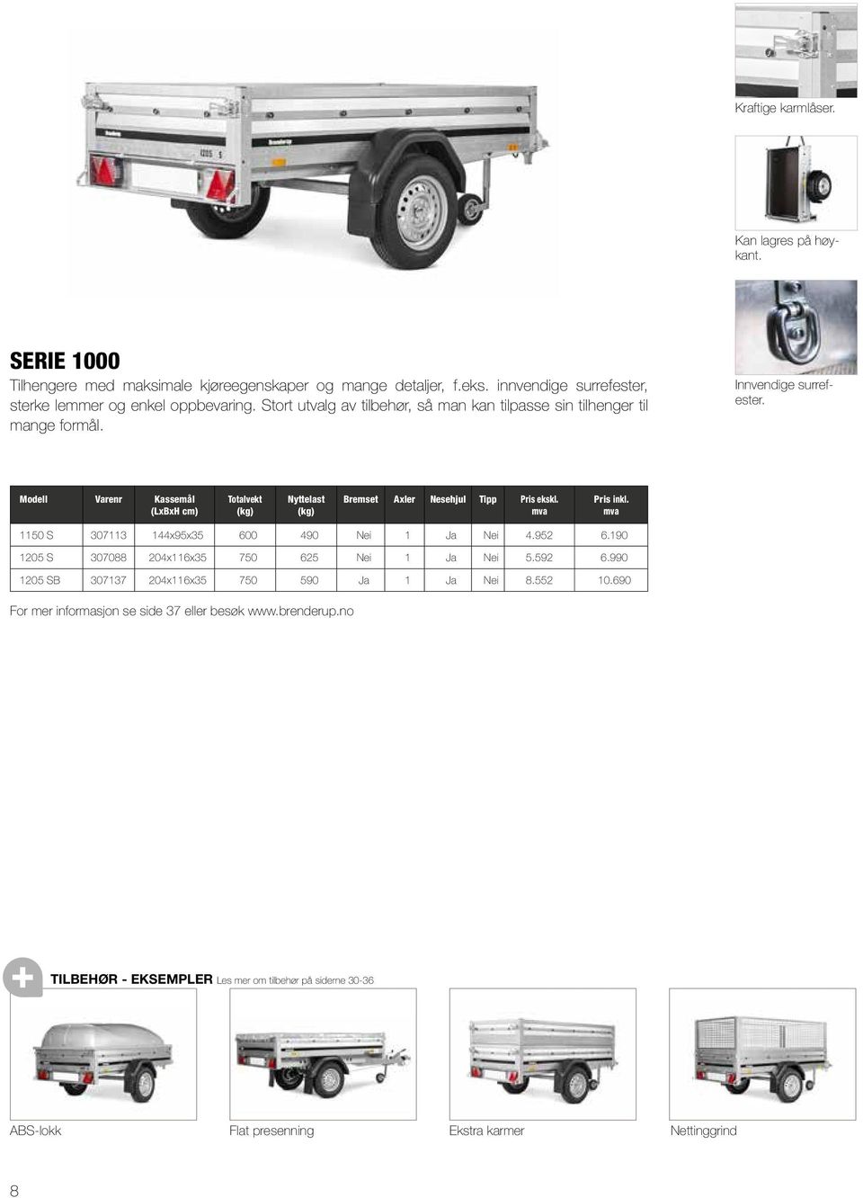 Modell Varenr Kassemål (LxBxH cm) Totalvekt Nyttelast Bremset Axler Nesehjul Tipp Pris ekskl. Pris inkl. 1150 S 307113 144x95x35 600 490 Nei 1 Ja Nei 4.952 6.