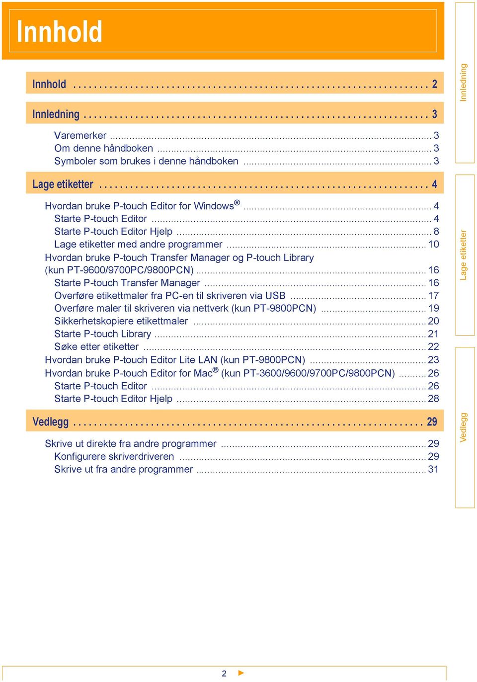 .. 4 Starte P-touch Editor Hjelp... 8 med andre programmer... 10 Hvordan bruke P-touch Transfer Manager og P-touch Library (kun PT-9600/9700PC/9800PCN)... 16 Starte P-touch Transfer Manager.
