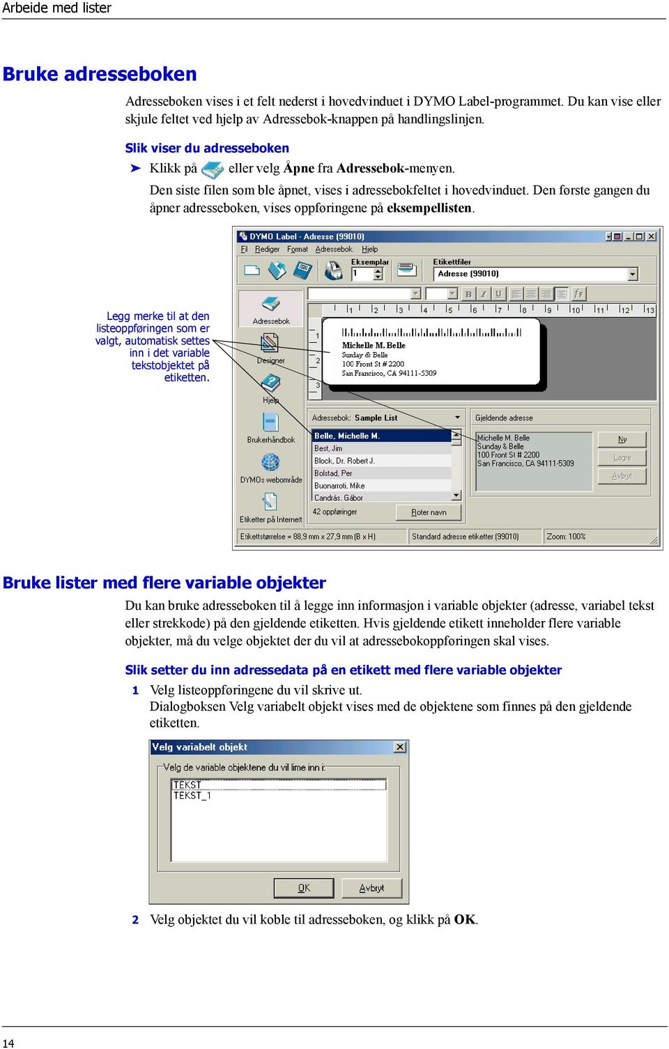 Den første gangen du åpner adresseboken, vises oppføringene på eksempellisten. Legg merke til at den listeoppføringen som er valgt, automatisk settes inn i det variable tekstobjektet på etiketten.