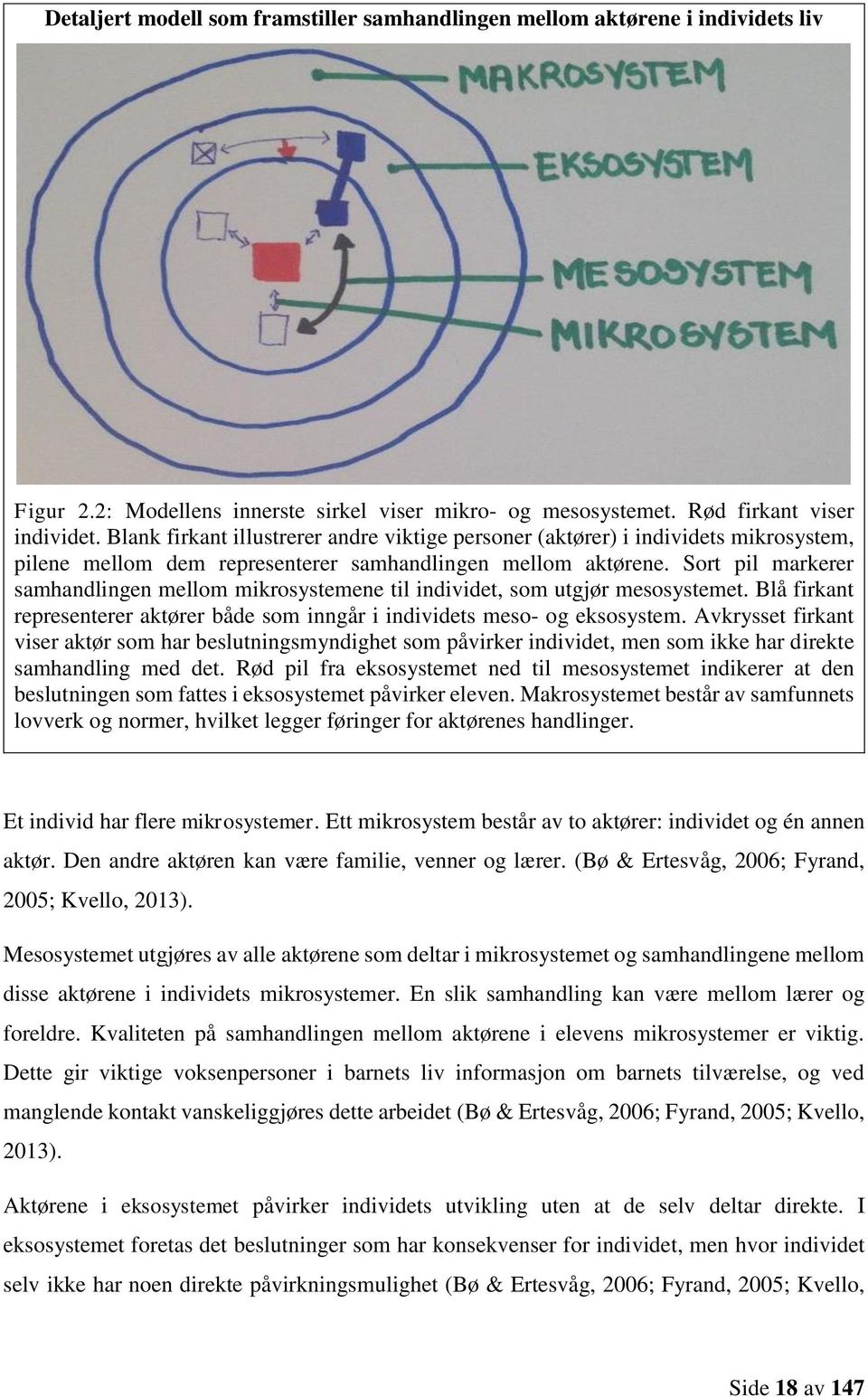 Sort pil markerer samhandlingen mellom mikrosystemene til individet, som utgjør mesosystemet. Blå firkant representerer aktører både som inngår i individets meso- og eksosystem.