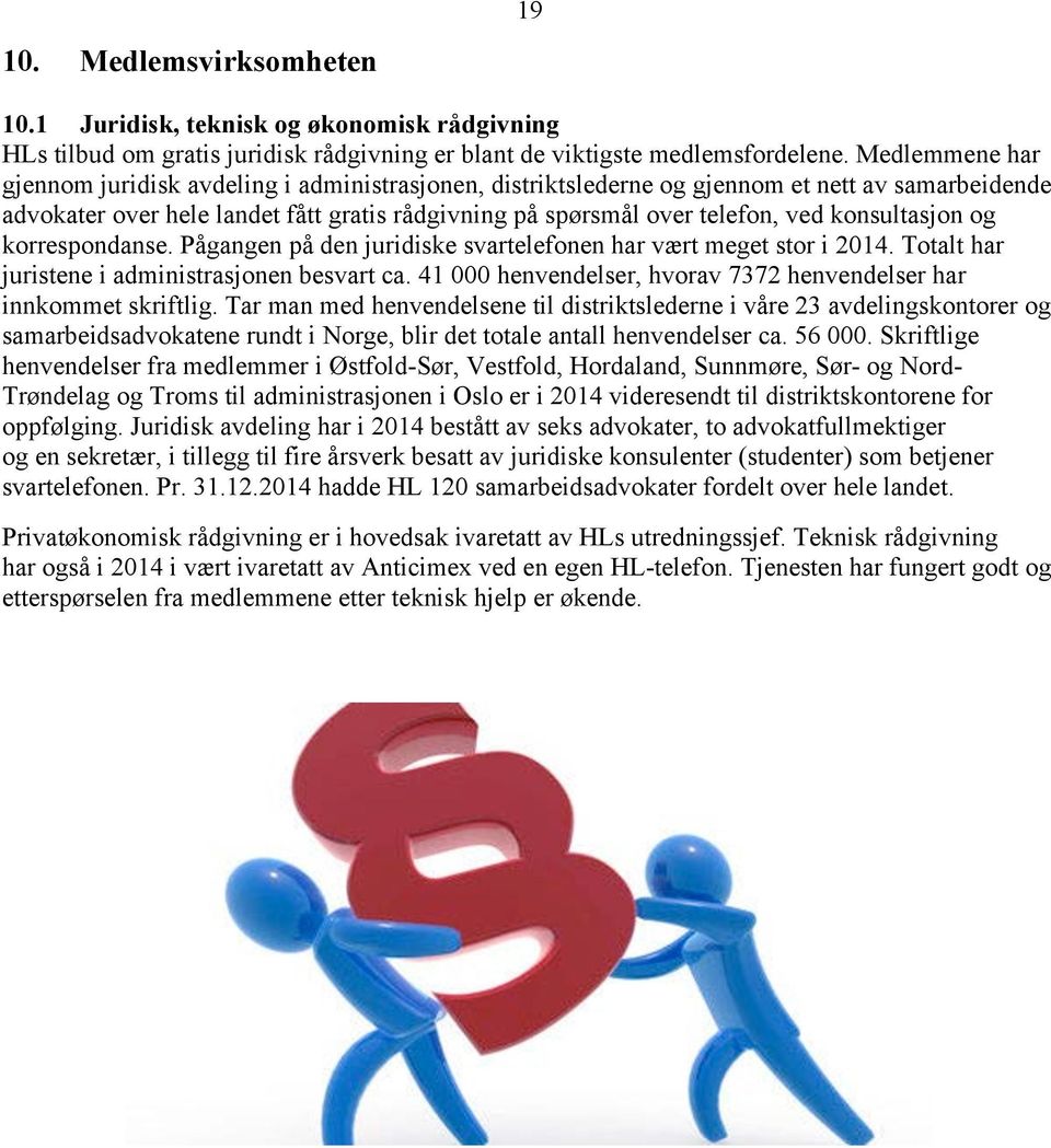 konsultasjon og korrespondanse. Pågangen på den juridiske svartelefonen har vært meget stor i 2014. Totalt har juristene i administrasjonen besvart ca.