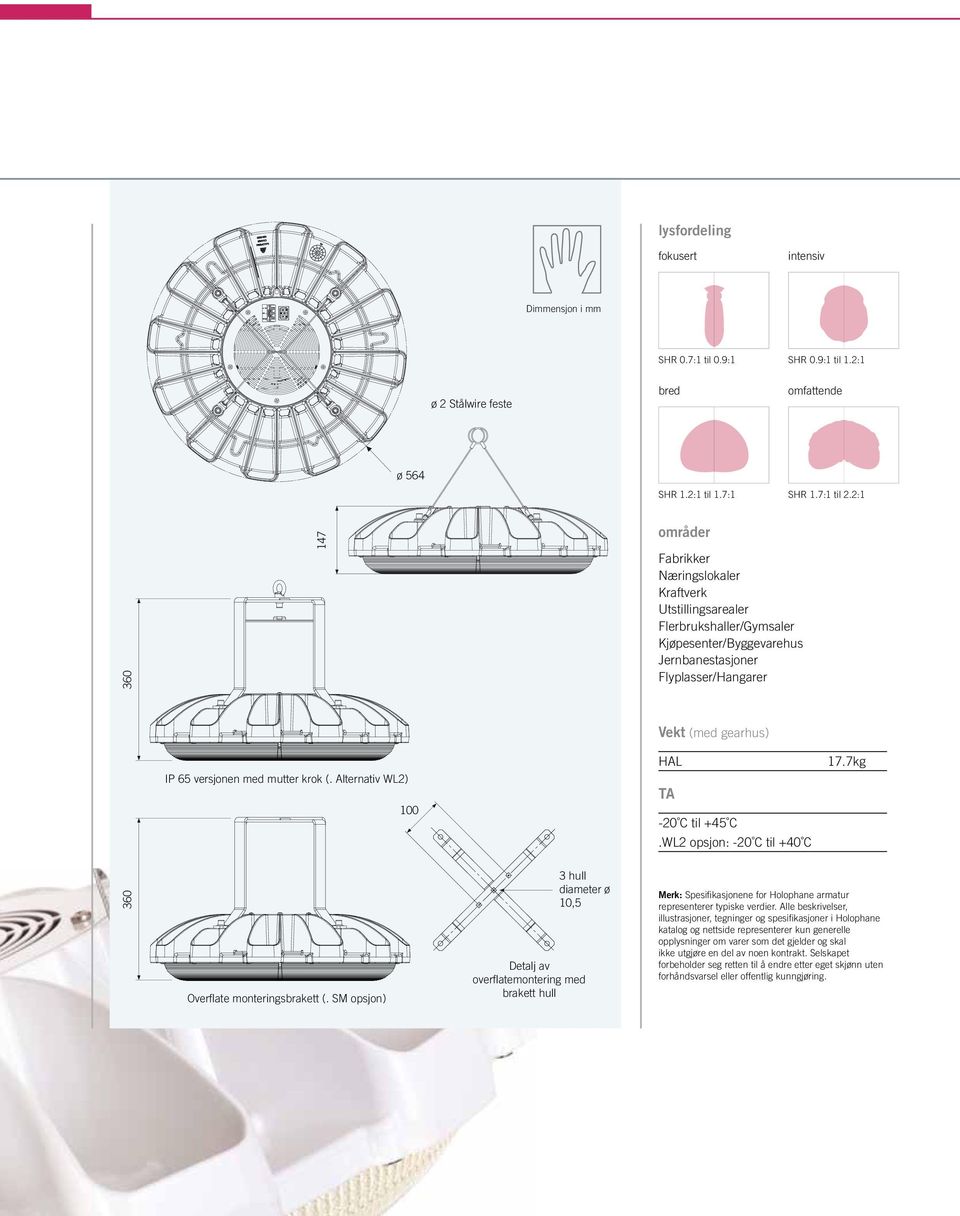 med mutter krok (. Alternativ WL2) 100 HAL TA -20 C til +45 C.WL2 opsjon: -20 C til +40 C 17.7kg 360 Overflate monteringsbrakett (.