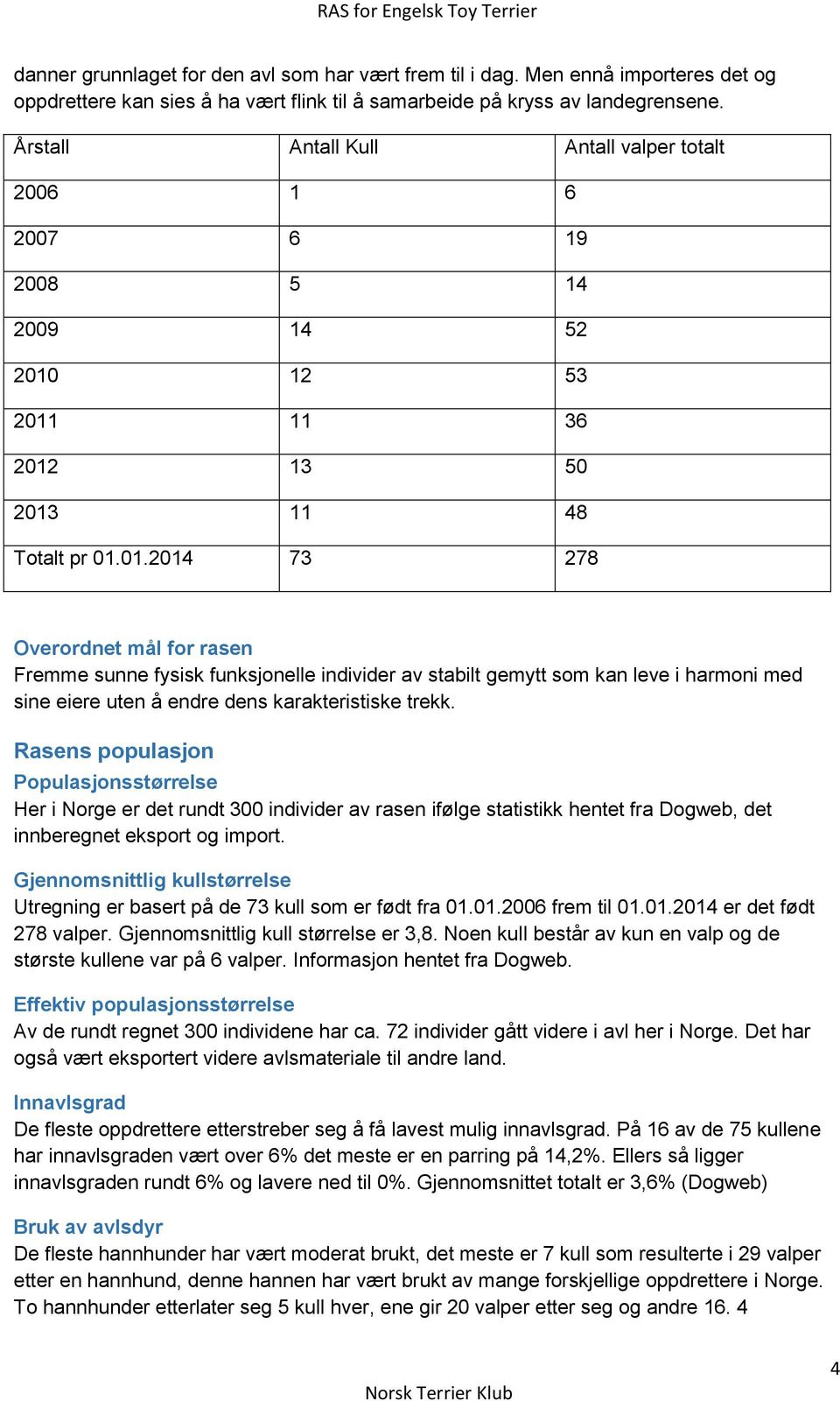 12 53 2011 11 36 2012 13 50 2013 11 48 Totalt pr 01.01.2014 73 278 Overordnet mål for rasen Fremme sunne fysisk funksjonelle individer av stabilt gemytt som kan leve i harmoni med sine eiere uten å endre dens karakteristiske trekk.