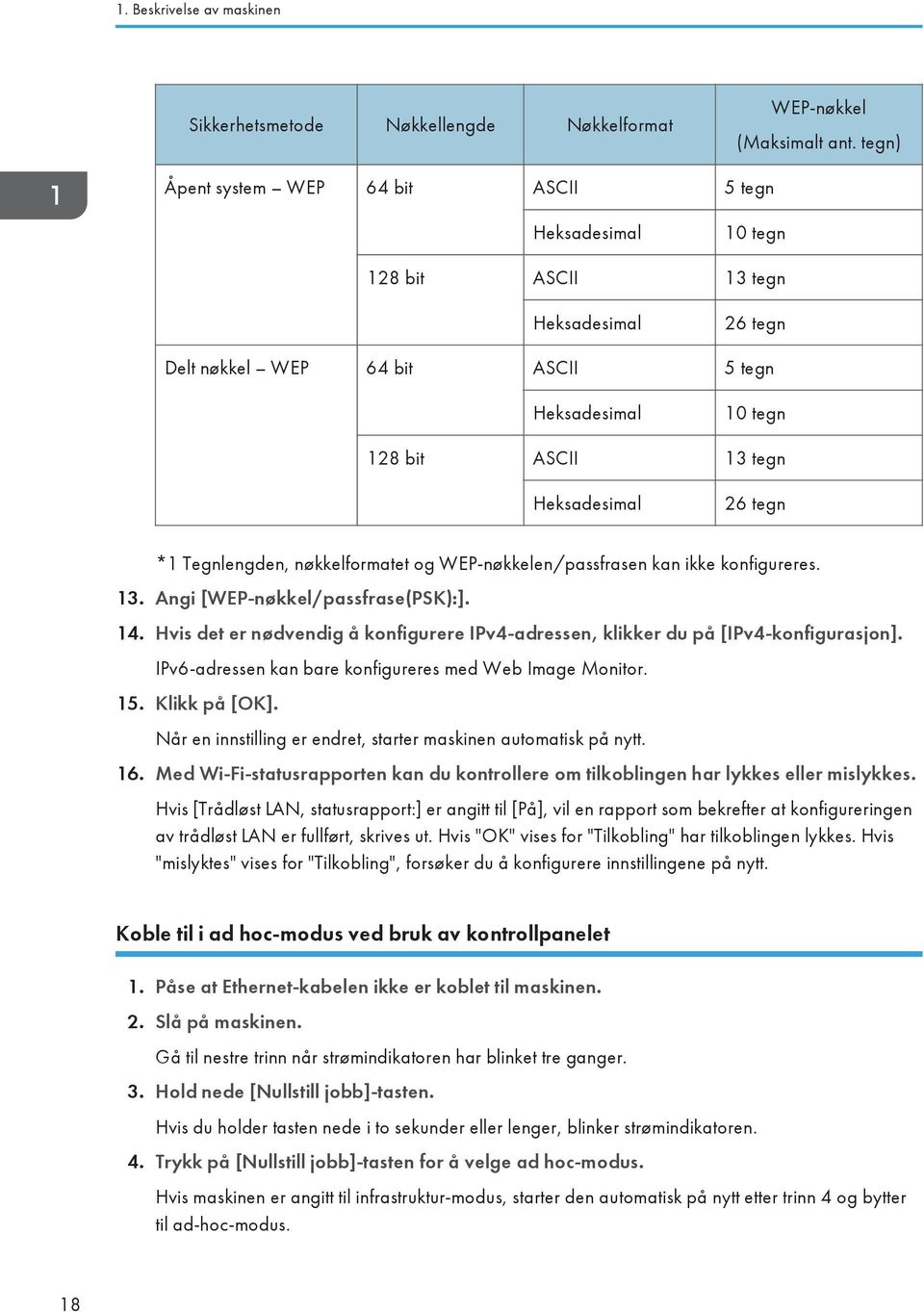 26 tegn *1 Tegnlengden, nøkkelformatet og WEP-nøkkelen/passfrasen kan ikke konfigureres. 13. Angi [WEP-nøkkel/passfrase(PSK):]. 14.