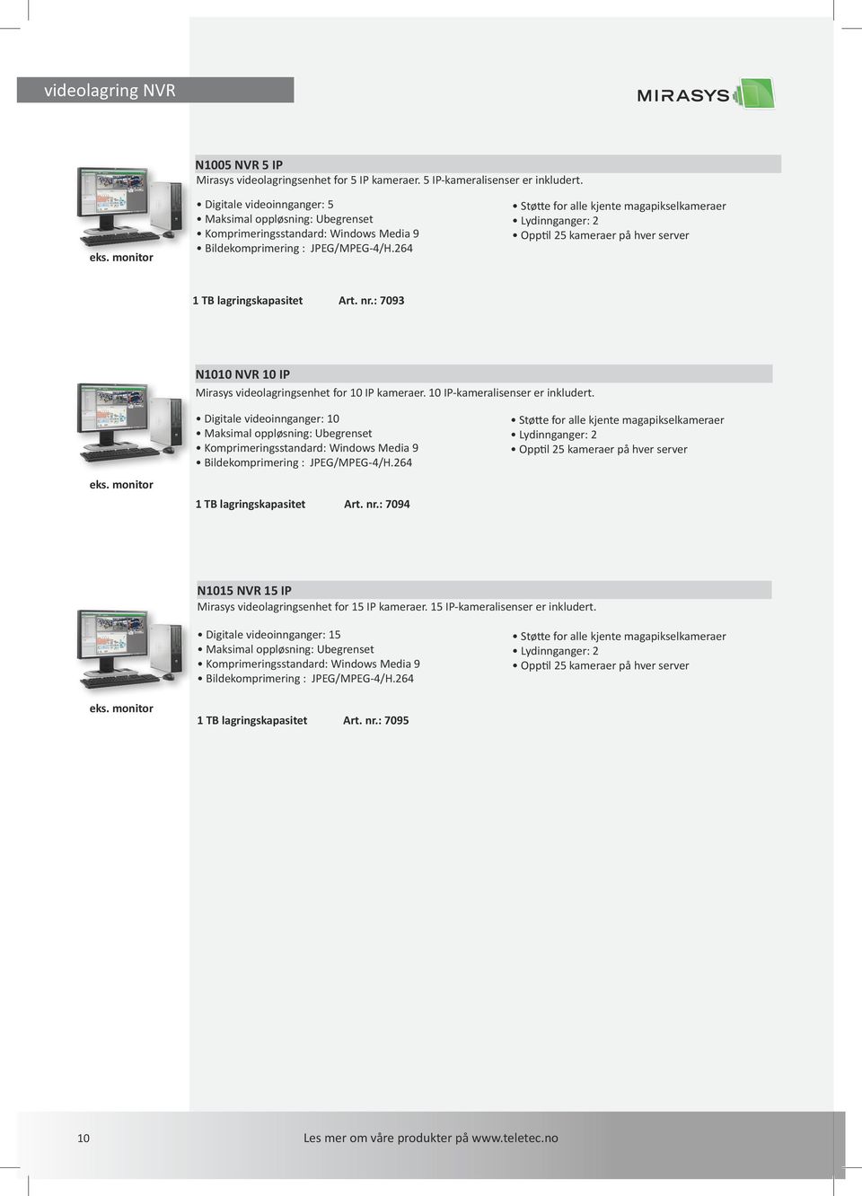 264 Støtte for alle kjente magapikselkameraer Lydinnganger: 2 Opptil 25 kameraer på hver server 1 TB lagringskapasitet Art. nr.: 7093 N1010 NVR 10 IP Mirasys videolagringsenhet for 10 IP kameraer.