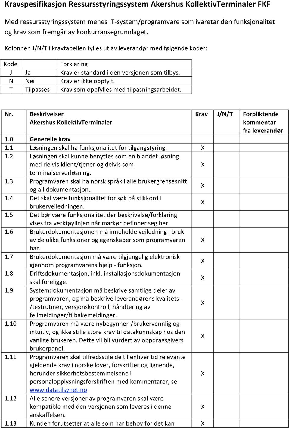 T Tilpasses Krav som oppfylles med tilpasningsarbeidet. Nr. 1.0 Generelle krav 1.1 Løsningen skal ha funksjonalitet for tilgangstyring. X 1.