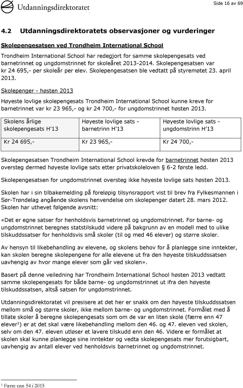 ungdomstrinnet for skoleåret 2013-2014. Skolepengesatsen var kr 24 695,- per skoleår per elev. Skolepengesatsen ble vedtatt på styremøtet 23. april 2013.