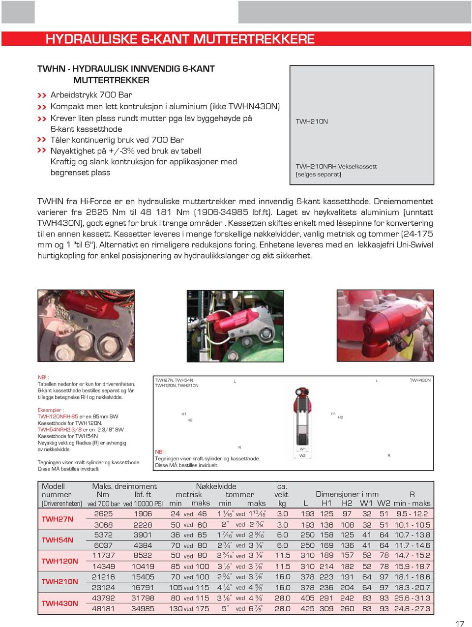 TWS70 TWHN fra Hiorce er en hydrauliske muttertrekker med innvendig kant kassetthode. reiemomentet varierer fra 225 Nm til 8 8 Nm (90985 lbf.ft).