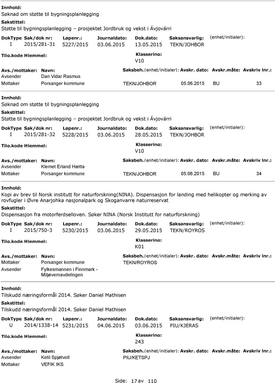 : Avsender Dan Vidar Rasmus TEKN/JOHBOR B 33 Søknad om støtte til bygningsplanlegging Støtte til bygningsplanlegging prosjektet Jordbruk og vekst i Ávjovárri 2015/281-32 5228/2015 28.05.