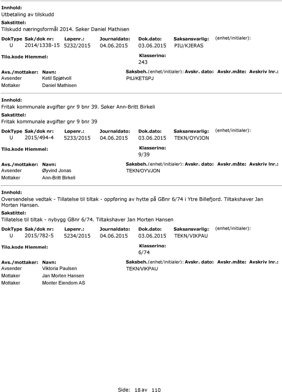 Søker Ann-Britt Birkeli Fritak kommunale avgifter gnr 9 bnr 39 2015/494-4 5233/2015 TEKN/OYVJON 9/39 Avs./mottaker: Navn: Saksbeh. Avskr. dato: Avskr.måte: Avskriv lnr.