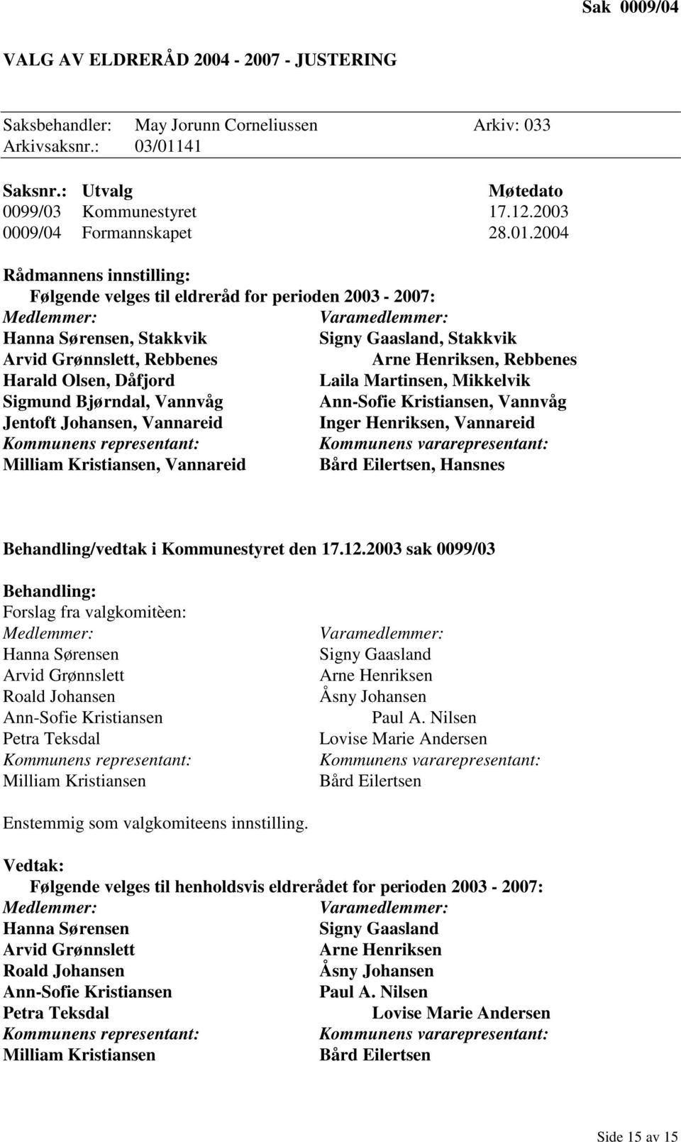 2004 Følgende velges til eldreråd for perioden 2003-2007: Medlemmer: Varamedlemmer: Hanna Sørensen, Stakkvik Signy Gaasland, Stakkvik Arvid Grønnslett, Rebbenes Arne Henriksen, Rebbenes Harald Olsen,
