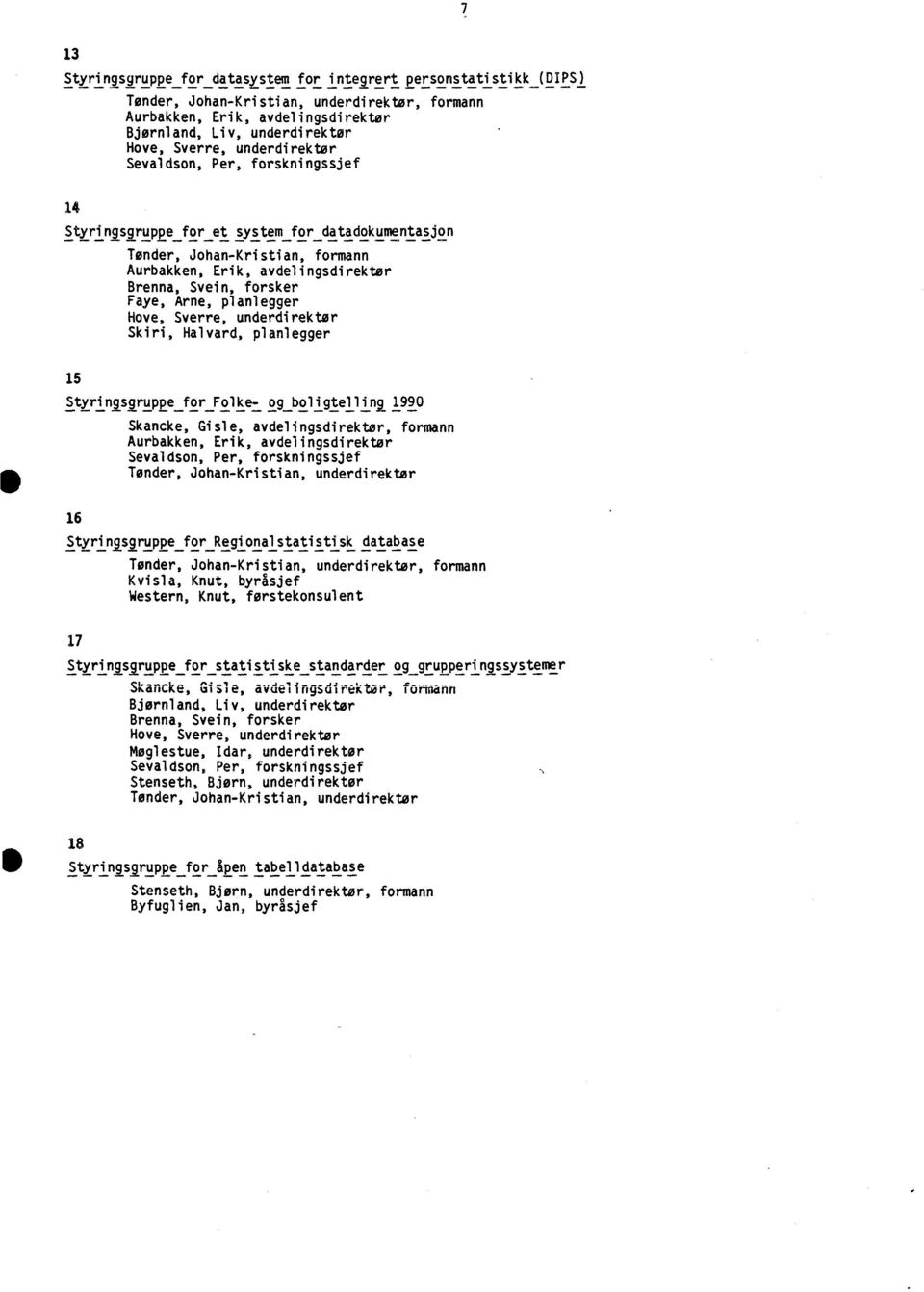 Arne, planlegger Hove, Sverre, underdirektør Skiri, Halyard, planlegger 15 Styringsruppe for Folke- og boligtellini 1990 Skancke, Gisle, avdelingsdirektør, formann Aurbakken, Erik, avdelingsdirektør