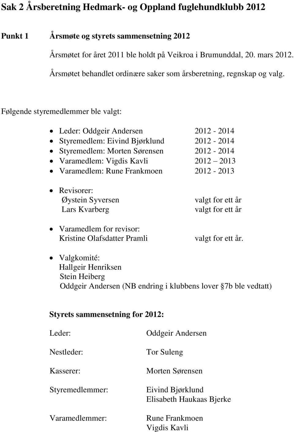 Følgende styremedlemmer ble valgt: Leder: Oddgeir Andersen 2012-2014 Styremedlem: Eivind Bjørklund 2012-2014 Styremedlem: Morten Sørensen 2012-2014 Varamedlem: Vigdis Kavli 2012 2013 Varamedlem: Rune