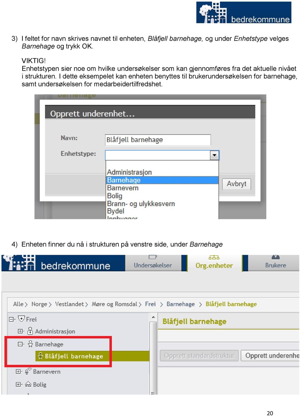 Enhetstypen sier noe om hvilke undersøkelser som kan gjennomføres fra det aktuelle nivået i strukturen.