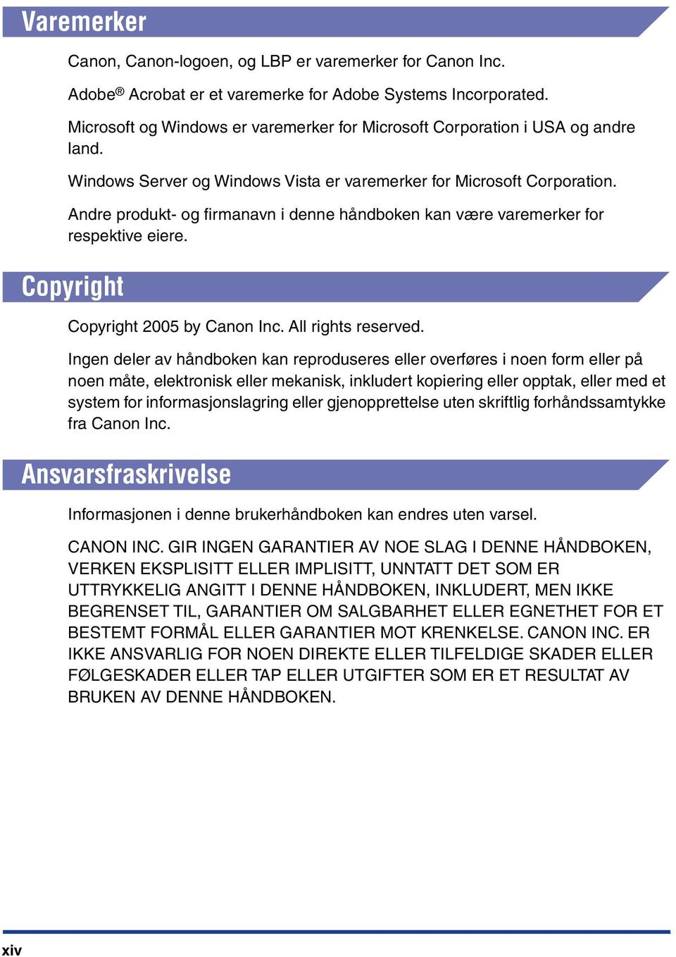 Andre produkt- og firmanavn i denne håndboken kan være varemerker for respektive eiere. Copyright Copyright 2005 by Canon Inc. All rights reserved.