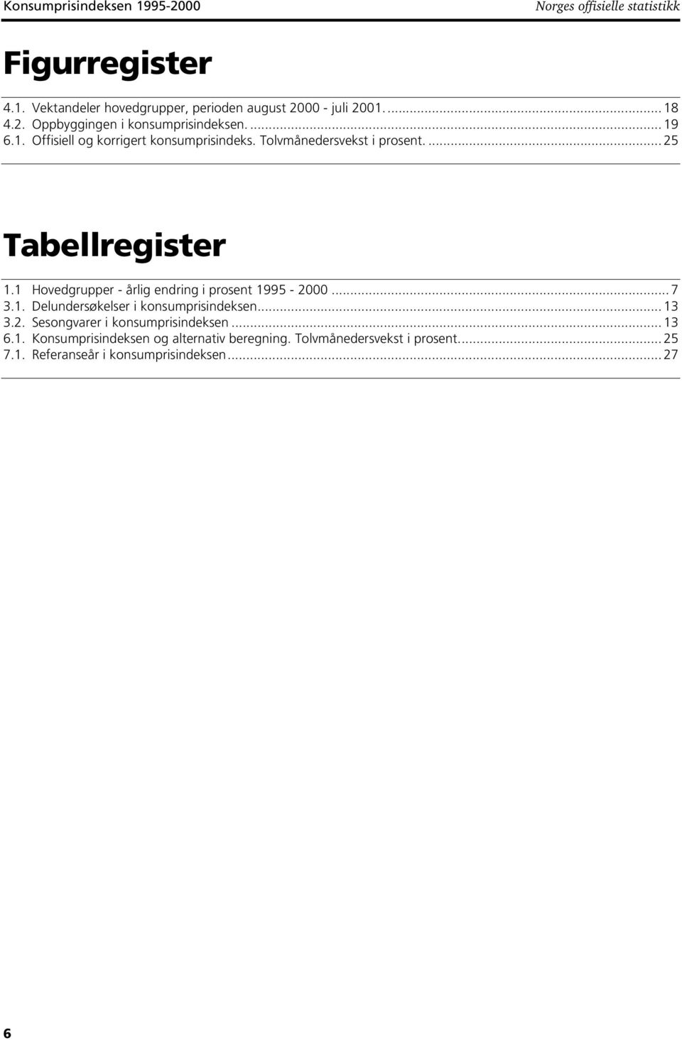 ... 25 Tabellregister 1.1 Hovedgrupper - årlig endring i prosent 1995-2000... 7 3.1. Delundersøkelser i konsumprisindeksen... 13 3.2. Sesongvarer i konsumprisindeksen.