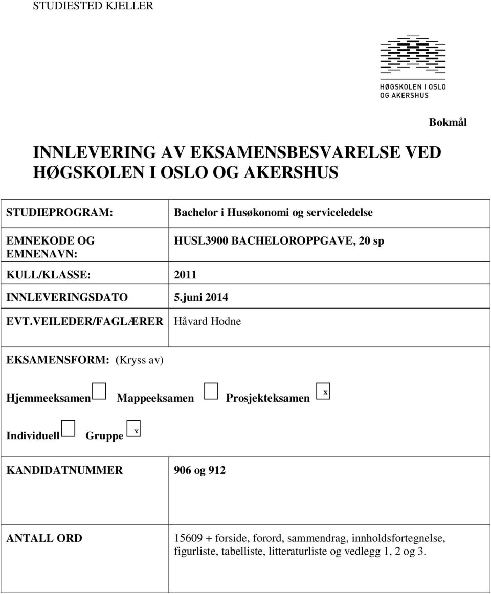 VEILEDER/FAGLÆRER Håvard Hodne EKSAMENSFORM: (Kryss av) Hjemmeeksamen Mappeeksamen Prosjekteksamen x Individuell Gruppe x