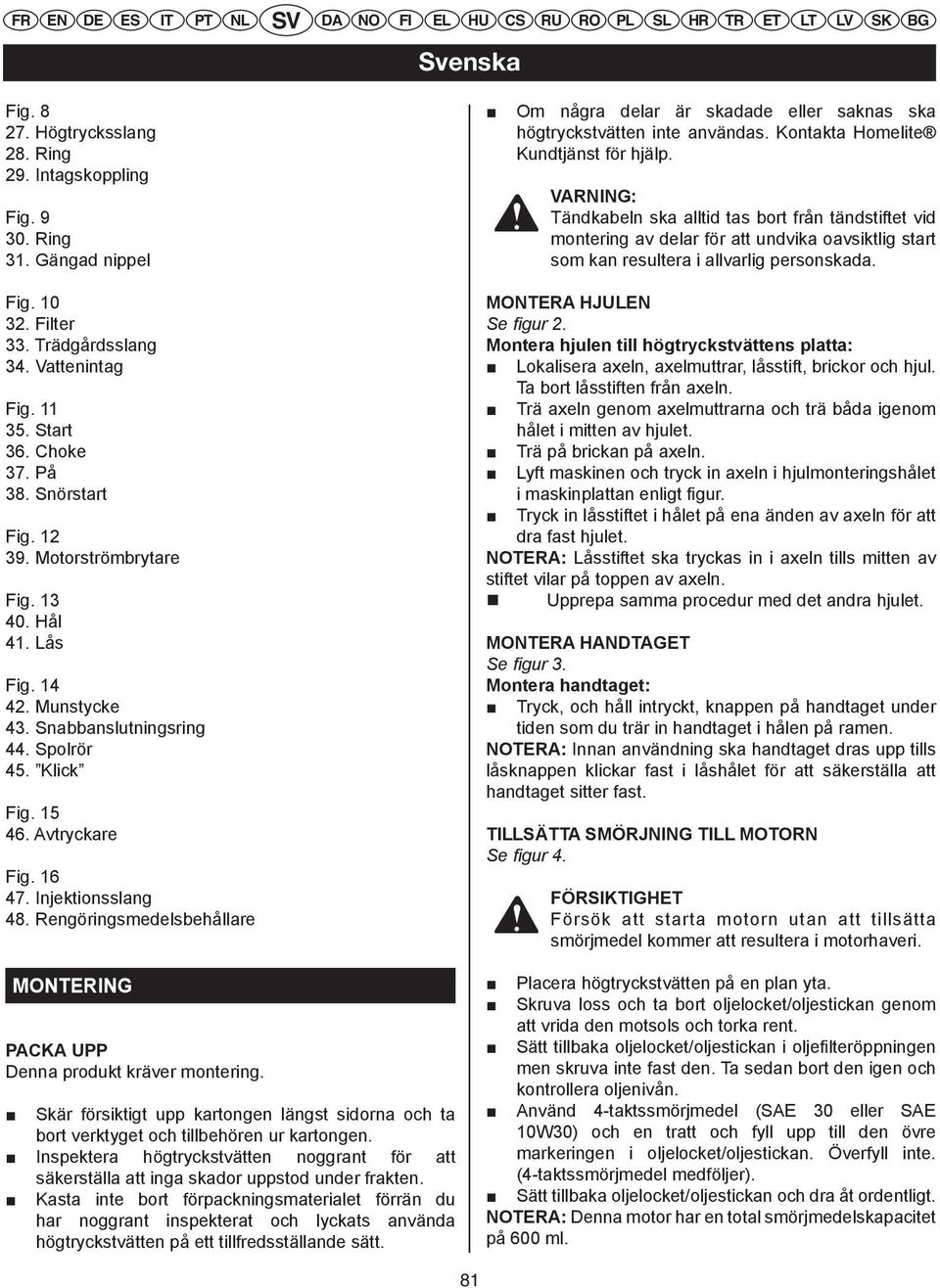 EN DE ES IT PT NL SV DA NO FI EL HU CS RU RO PL SL 29. Intagskoppling HR TR ET LT LV SK EN DE ES IT PT NL SV DA NO FI EL HU CS RU VARNING: RO PL SL HR TR ET LT LV SK Fig.