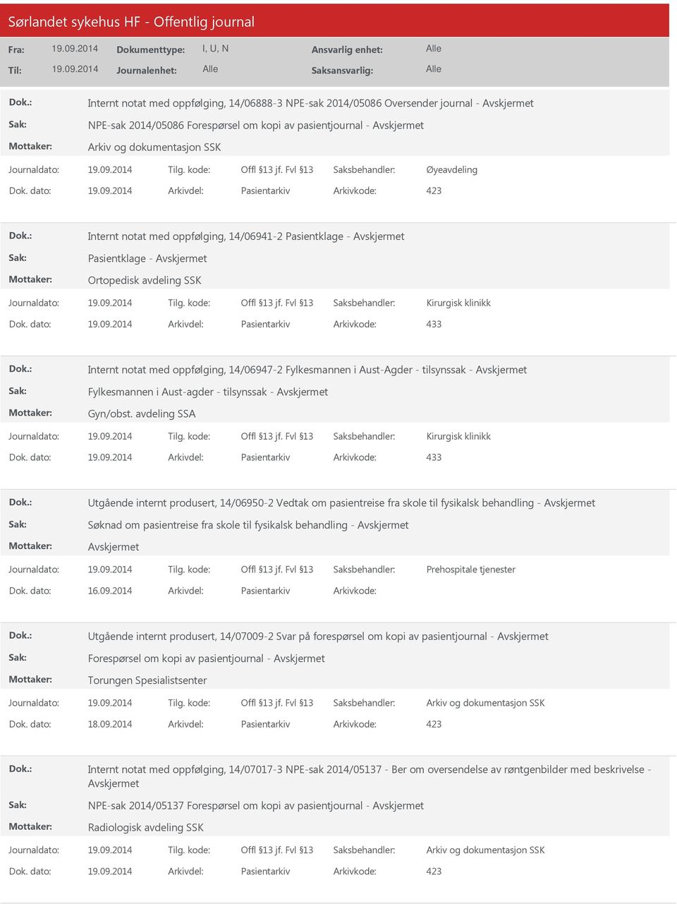 dato: Arkivdel: Pasientarkiv Arkivkode: 433 Internt notat med oppfølging, 14/06947-2 Fylkesmannen i Aust-Agder - tilsynssak - Fylkesmannen i Aust-agder - tilsynssak - Gyn/obst.