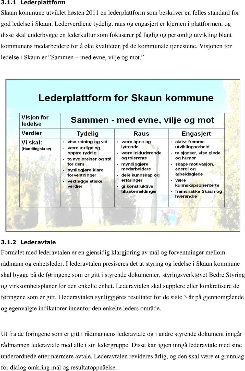 kvaliteten på de kommunale tjenestene. Visjonen for ledelse i Skaun er Sammen med evne, vilje og mot. 3.1.