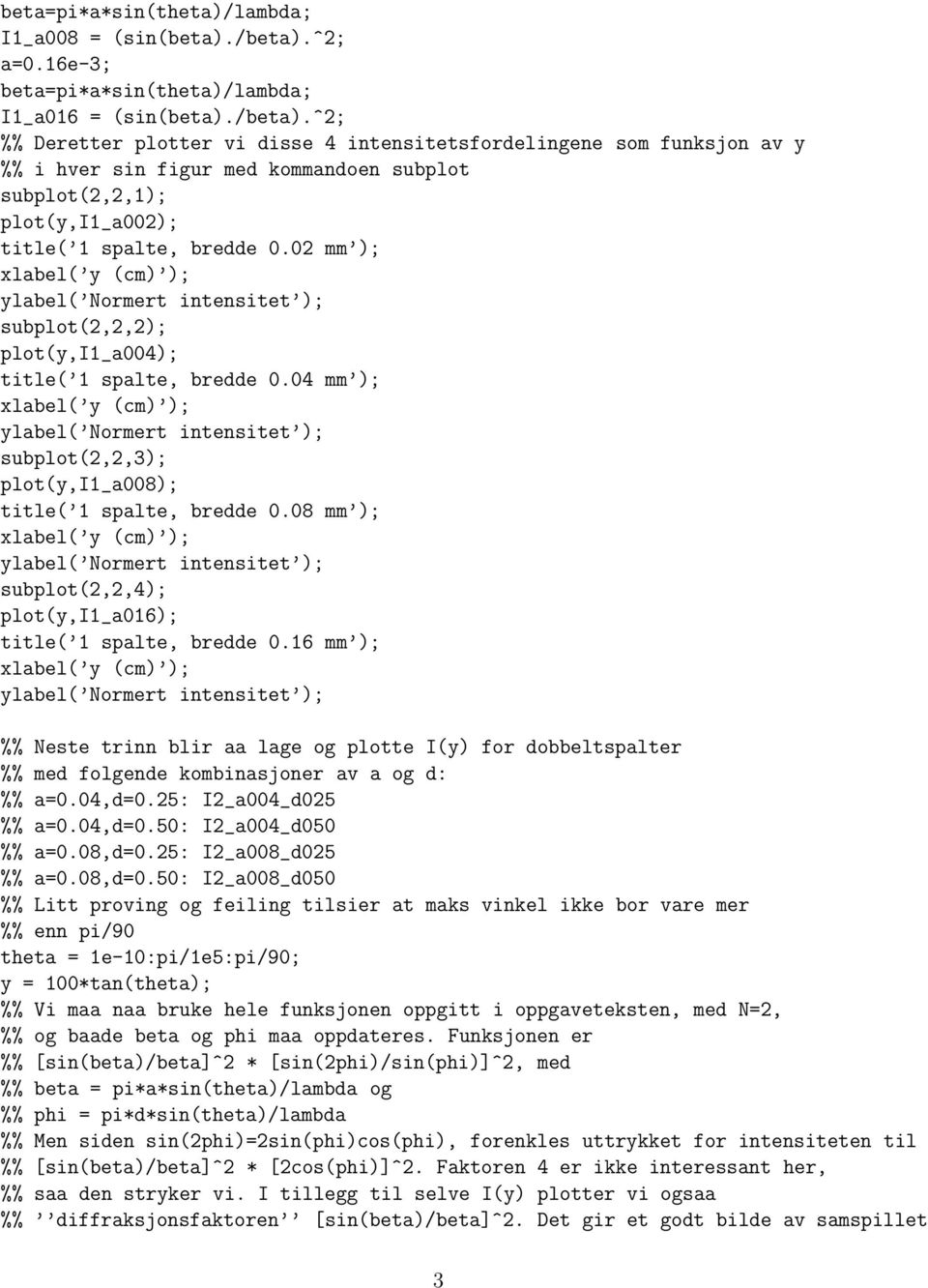 8 mm ); xlabel( ); subplot(2,2,4); plot(y,i_a6); title( spalte, bredde.6 mm ); xlabel( ); %% Neste trinn blir aa lage og plotte I(y) for dobbeltspalter %% med folgende kombinasjoner av a og d: %% a=.