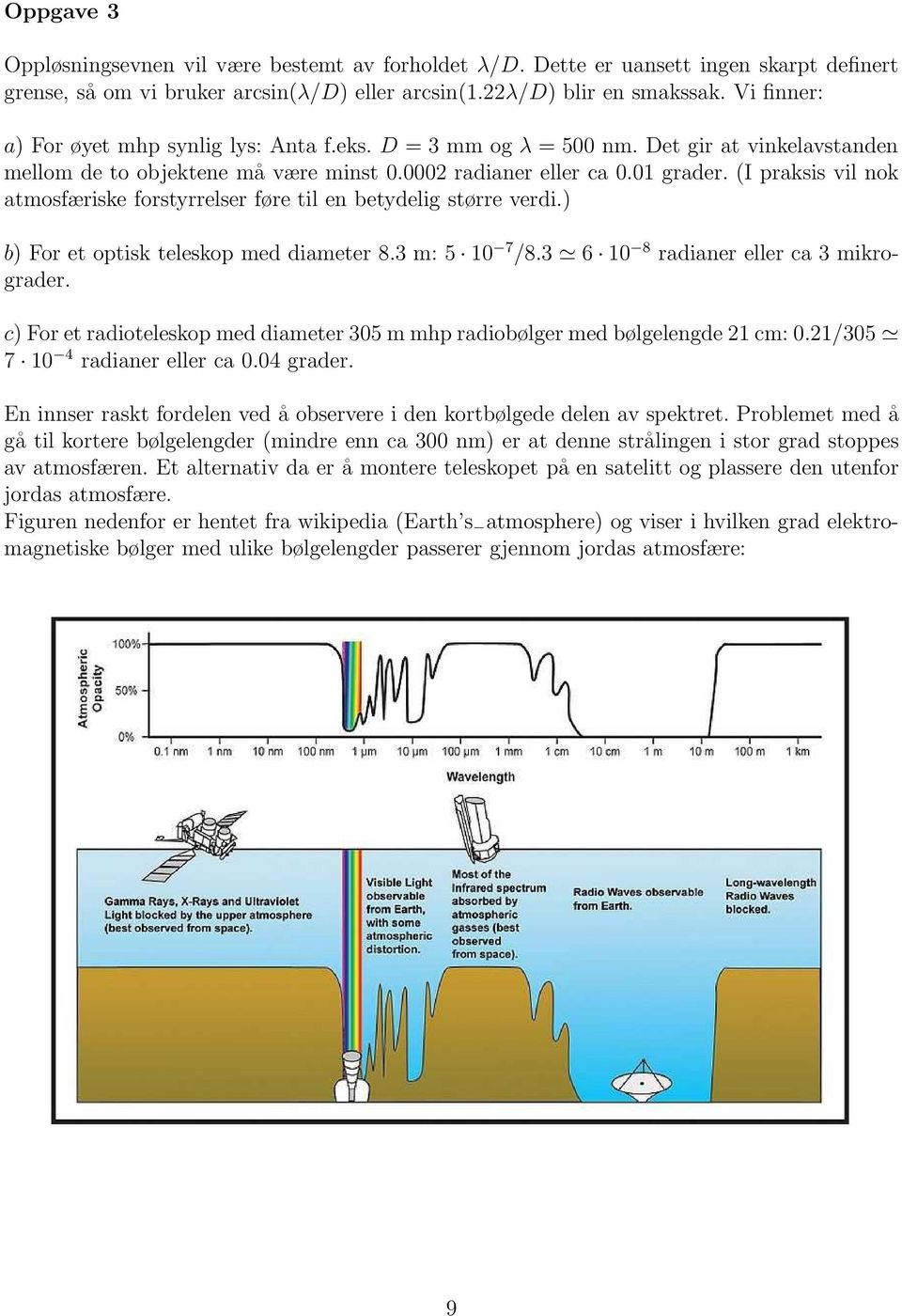 (I praksis vil nok atmosfæriske forstyrrelser føre til en betydelig større verdi.) b) For et optisk teleskop med diameter 8.3 m: 5 7 /8.3 6 8 radianer eller ca 3 mikrograder.