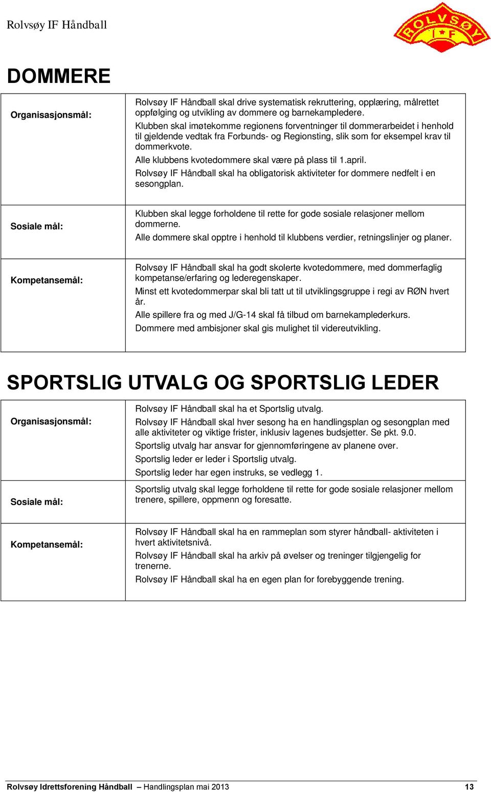 Alle klubbens kvotedommere skal være på plass til 1.april. Rolvsøy IF Håndball skal ha obligatorisk aktiviteter for dommere nedfelt i en sesongplan.