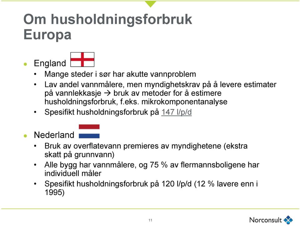 mikrokomponentanalyse Spesifikt husholdningsforbruk på 147 l/p/d Nederland Bruk av overflatevann premieres av myndighetene