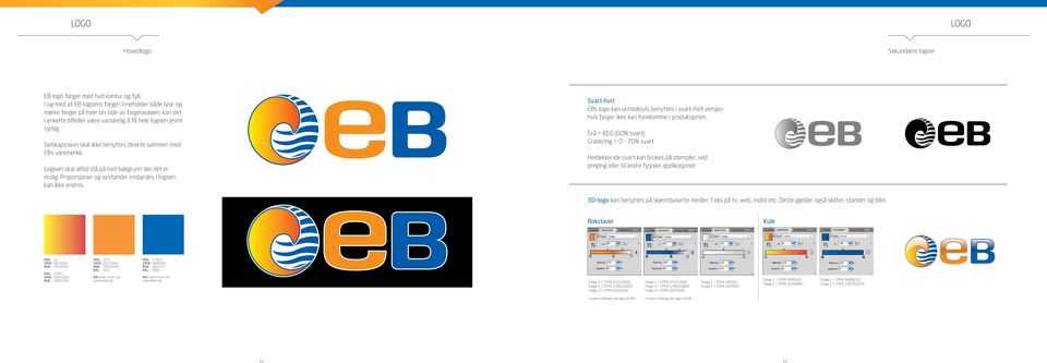 Selskapsnavn skal ikke benyttes direkte sammen med EBs varemerke. Logoen skal alltid stå på hvit bakgrunn der det er mulig. Proporsjoner og avstander innbyrdes i logoen kan ikke endres.