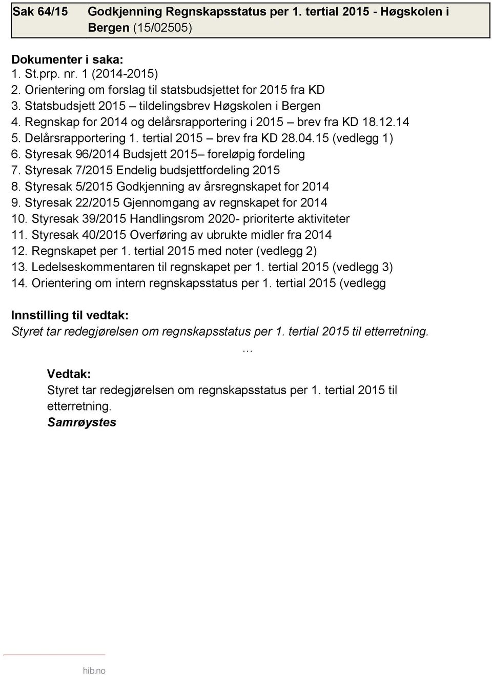 Delårsrapportering 1. tertial 2015 brev fra KD 28.04.15 (vedlegg 1) 6. Styresak 96/2014 Budsjett 2015 foreløpig fordeling 7. Styresak 7/2015 Endelig budsjettfordeling 2015 8.