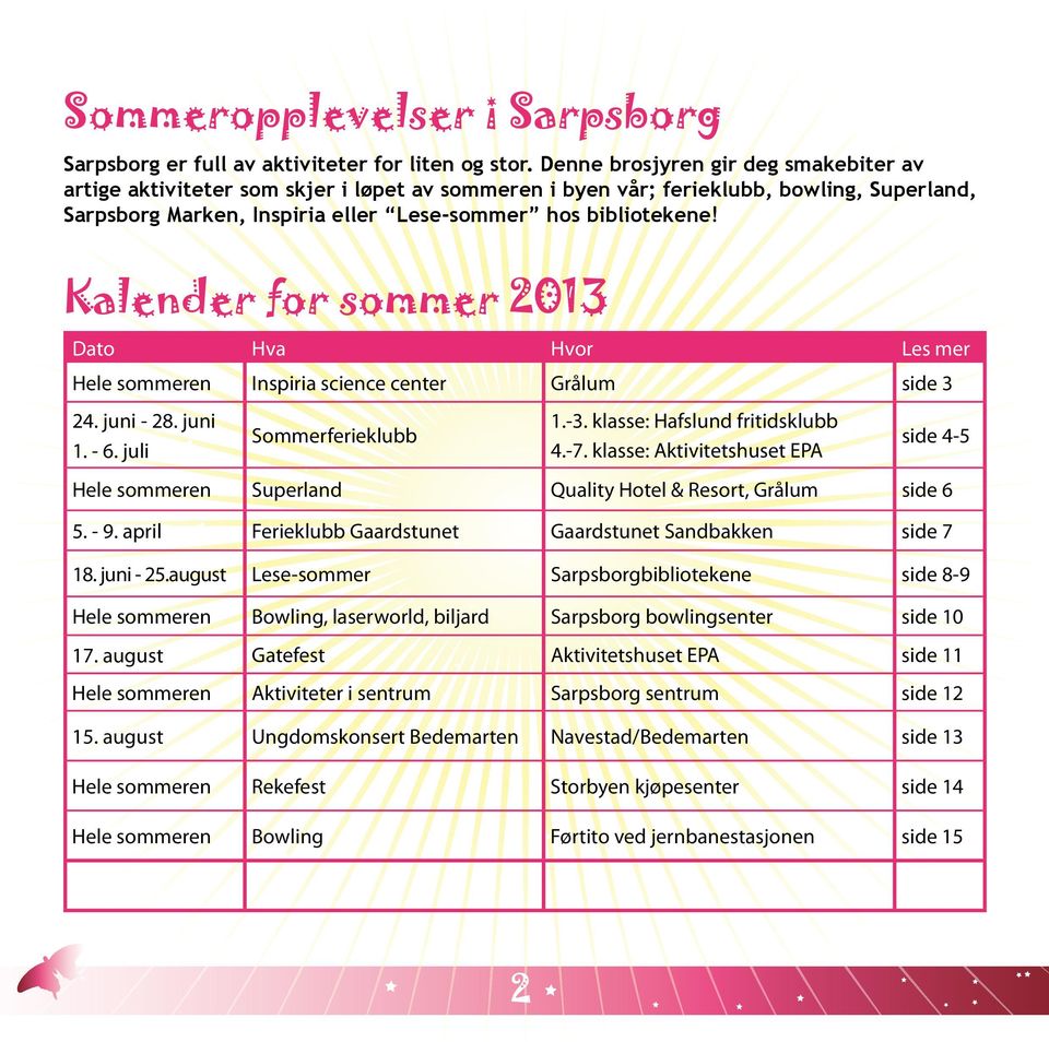 Kalender for sommer 2013 Dato Hva Hvor Les mer Hele sommeren Inspiria science center Grålum side 3 24. juni - 28. juni 1. - 6. juli Sommerferieklubb 1.-3. klasse: Hafslund fritidsklubb 4.-7.