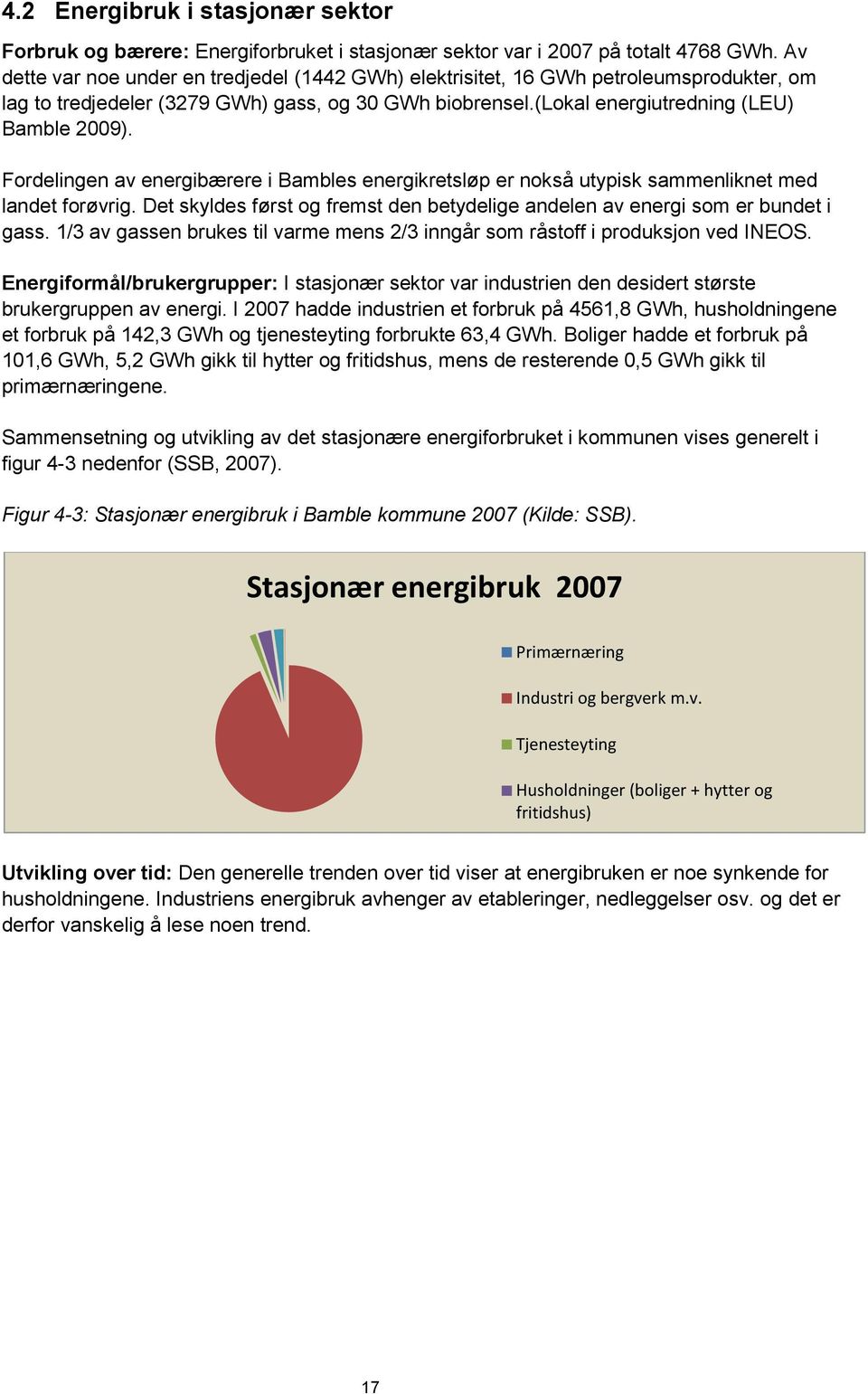 Fordelingen av energibærere i Bambles energikretsløp er nokså utypisk sammenliknet med landet forøvrig. Det skyldes først og fremst den betydelige andelen av energi som er bundet i gass.