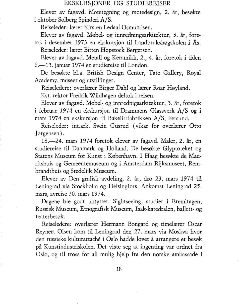 januar 1974 en studiereise til London. De besøkte bl.a. British Design Center, Tate Gallery, Royal Academy, museer og utstillinger. Reiseledere: overlærer Birger Dahl og lærer Roar Høyland. Kst.