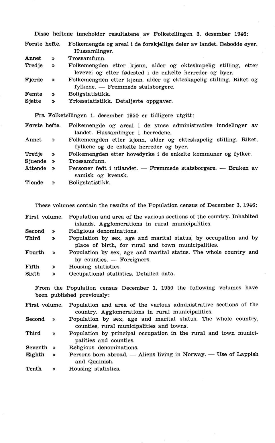 Riket og fylkene. Fremmede statsborgere. Femte» Boligstatistikk. Sjette» Yrkesstatistikk. Detaljerte oppgaver. Fra Folketellingen. desember 0 er tidligere utgitt: Første hefte.