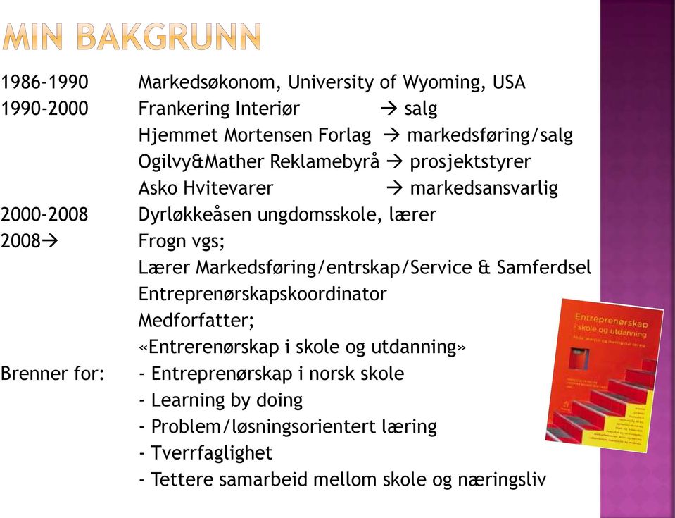 Markedsføring/entrskap/Service & Samferdsel Entreprenørskapskoordinator Medforfatter; «Entrerenørskap i skole og utdanning» Brenner for: -