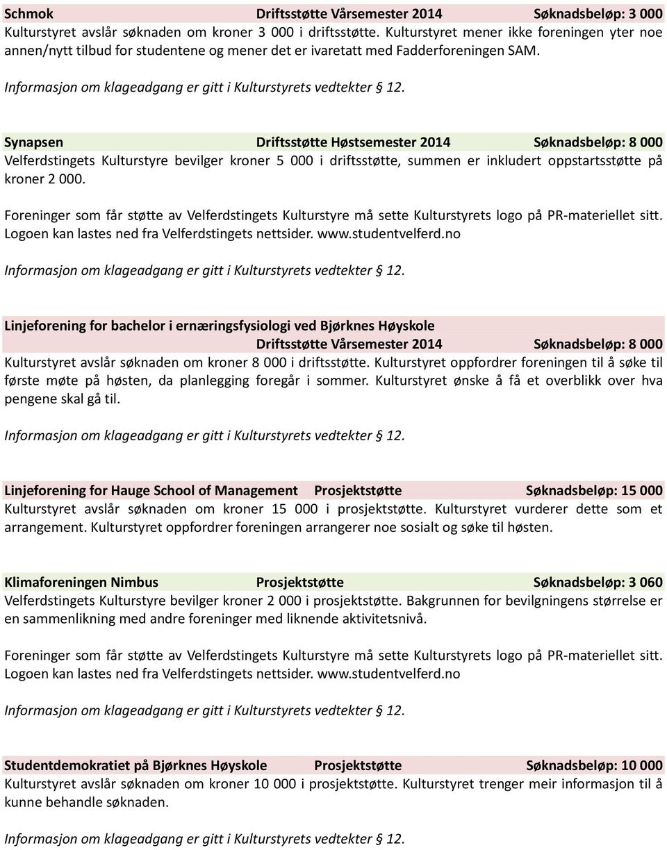 Synapsen Driftsstøtte Høstsemester 2014 Søknadsbeløp: 8 000 Velferdstingets Kulturstyre bevilger kroner 5 000 i driftsstøtte, summen er inkludert oppstartsstøtte på kroner 2 000.