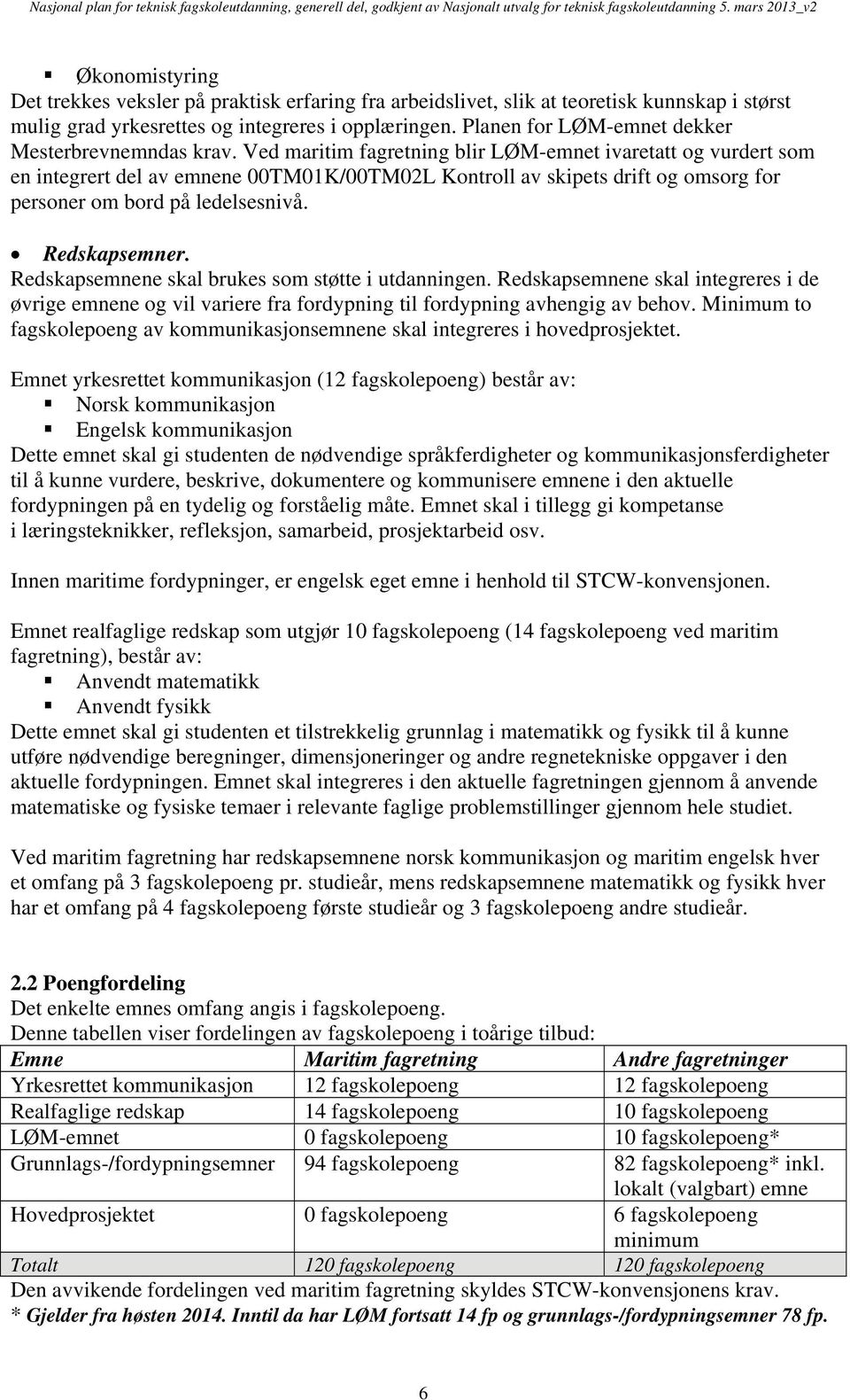 Ved maritim fagretning blir LØM-emnet ivaretatt og vurdert som en integrert del av emnene 00TM01K/00TM02L Kontroll av skipets drift og omsorg for personer om bord på ledelsesnivå. Redskapsemner.