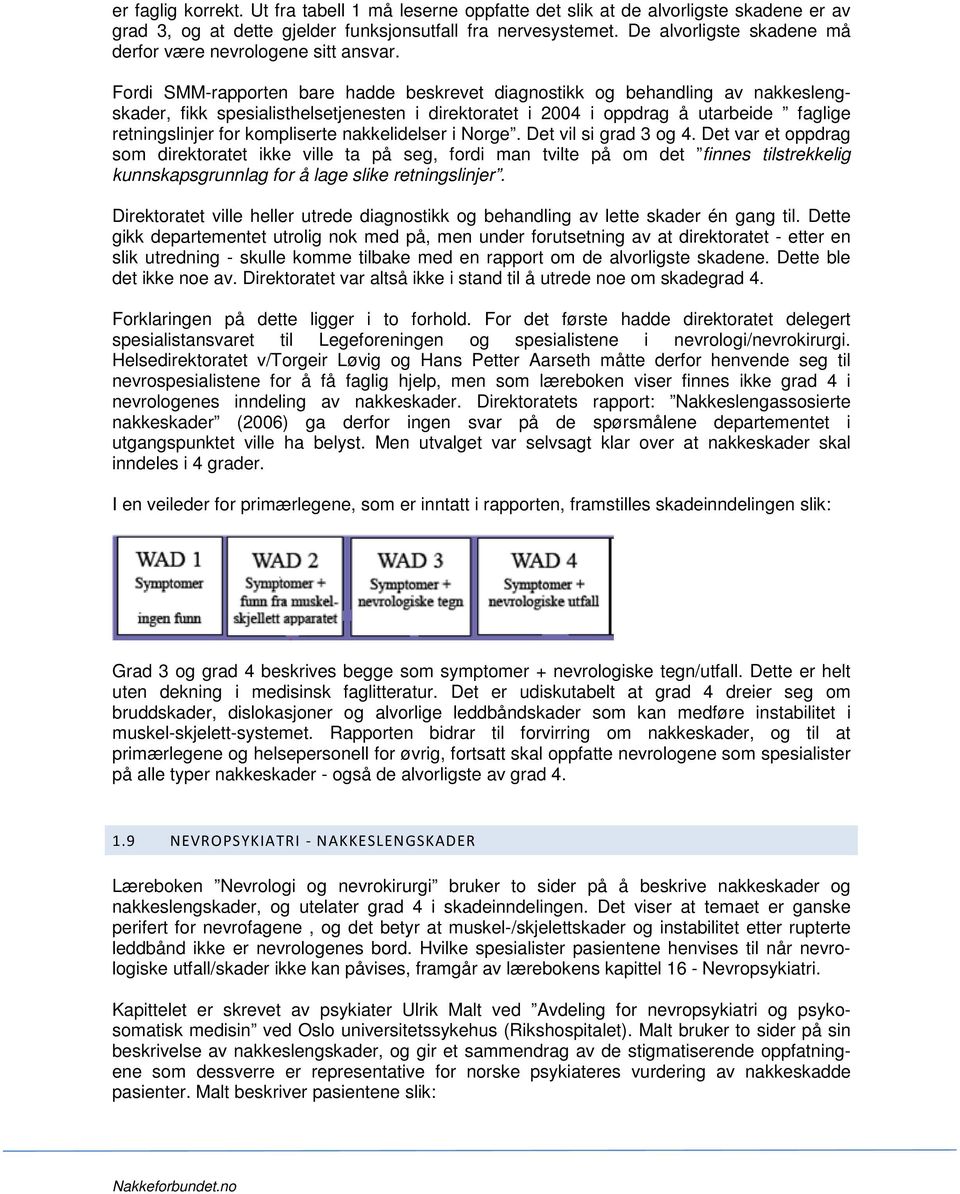 Fordi SMM-rapporten bare hadde beskrevet diagnostikk og behandling av nakkeslengskader, fikk spesialisthelsetjenesten i direktoratet i 2004 i oppdrag å utarbeide faglige retningslinjer for