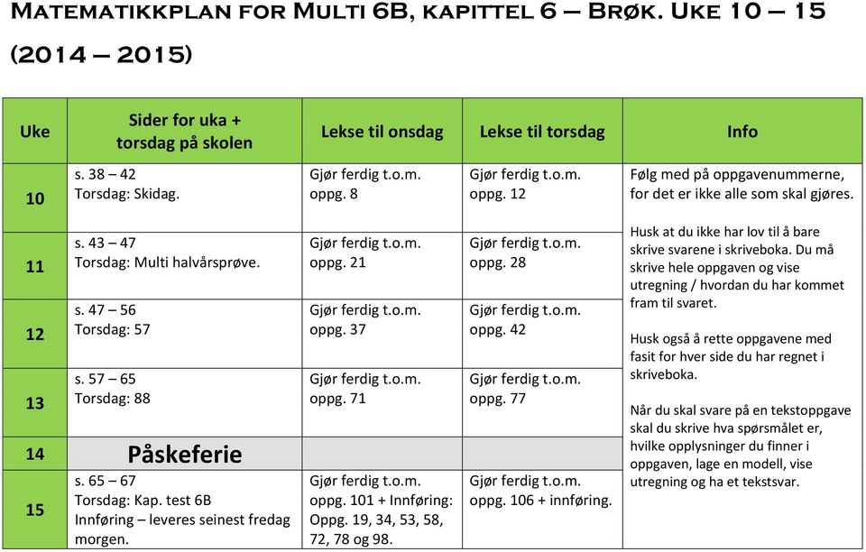 test 6B Innføring leveres seinest fredag morgen. oppg. 21 oppg. 37 oppg. 71 oppg. 101 + Innføring: Oppg. 19, 34, 53, 58, 72, 78 og 98. oppg. 28 oppg. 42 oppg. 77 oppg. 106 + innføring.