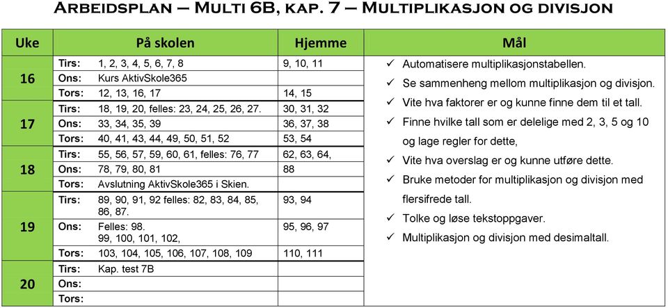 30, 31, 32 Ons: 33, 34, 35, 39 36, 37, 38 Finne hvilke tall som er delelige med 2, 3, 5 og 10 Tors: 40, 41, 43, 44, 49, 50, 51, 52 53, 54 Tirs: 55, 56, 57, 59, 60, 61, felles: 76, 77 62, 63, 64, Ons: