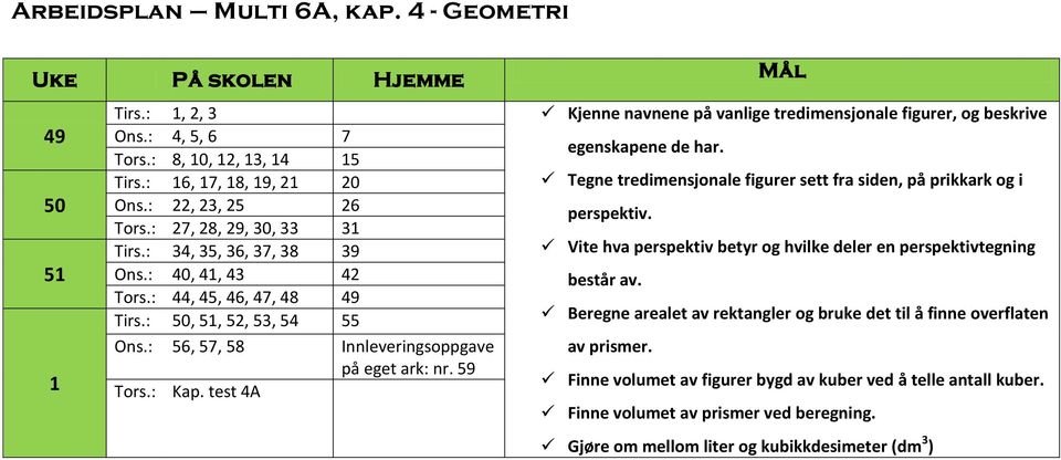 : 34, 35, 36, 37, 38 39 Vite hva perspektiv betyr og hvilke deler en perspektivtegning Ons.: 40, 41, 43 42 består av. Tors.: 44, 45, 46, 47, 48 49 Tirs.